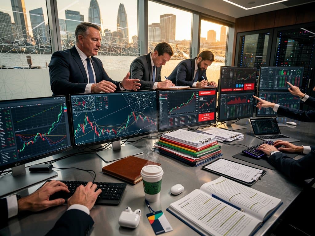 Regulators review crypto charts on terminals amid FCA office with Thames view and MiCA metrics