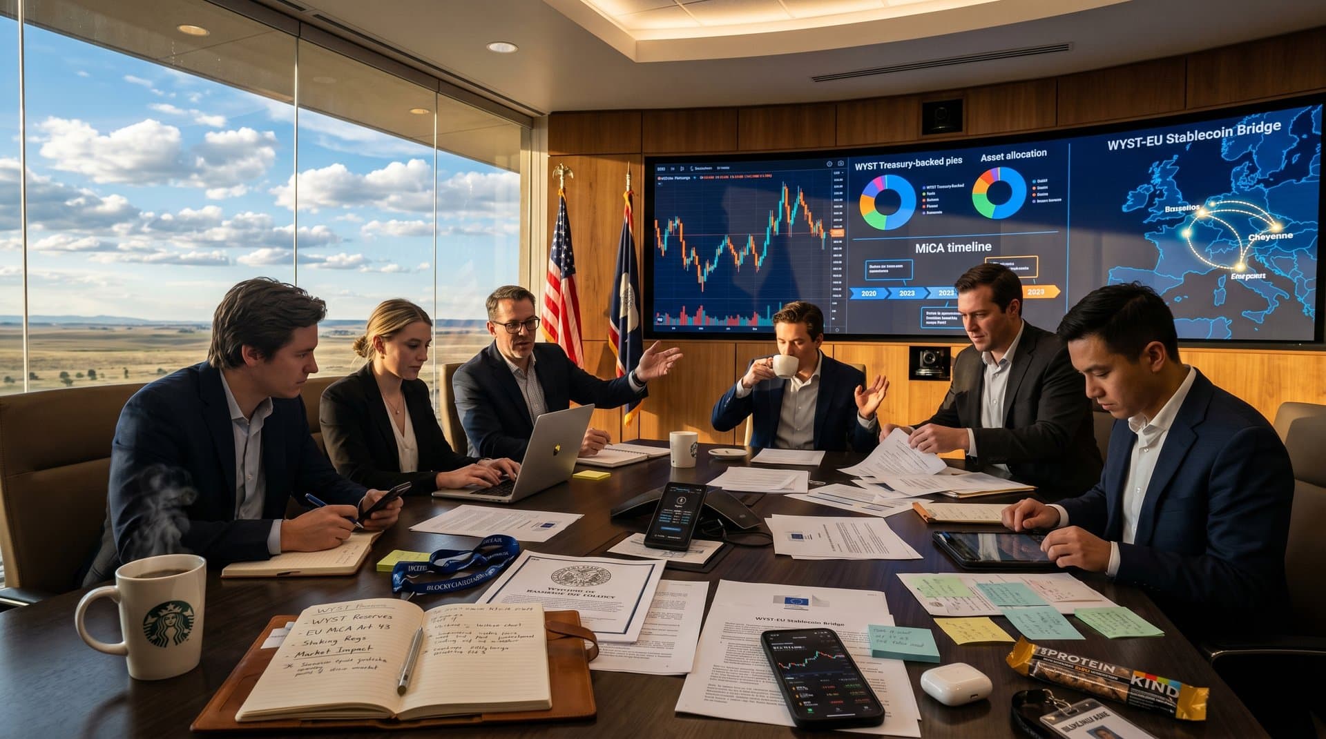 Conference room with Wyoming stable token charts, EU MiCA diagrams, crypto prices on screen, flags and documents on table