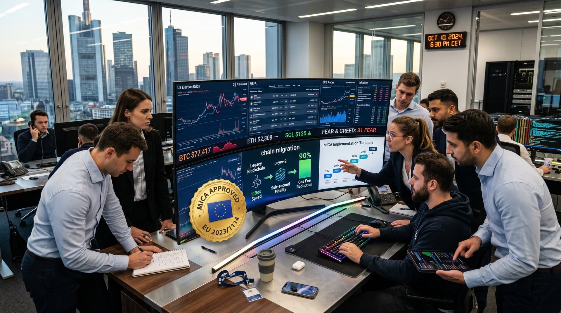 Frankfurt trading analysts monitor Polymarket Chain Migration odds, MiCA charts, crypto graphs with river skyline
