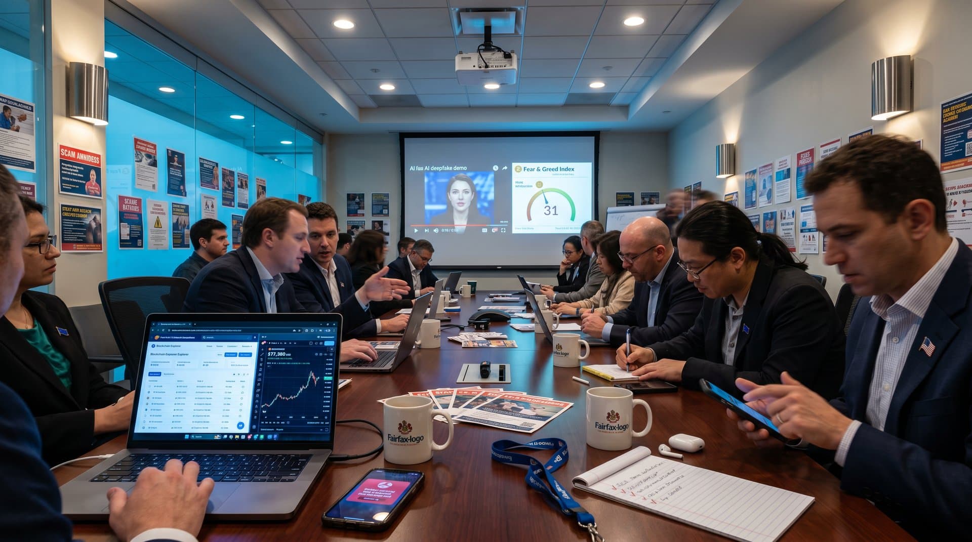 Fairfax Scam Jam conference table with crypto charts, scam flyers, and AI deepfake demo screen