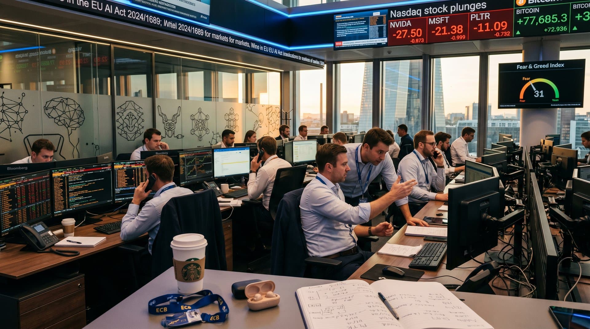 European traders analyze Nasdaq AI growth stocks charts with Fear & Greed at 31 and EU AI Act on Bloomberg terminals