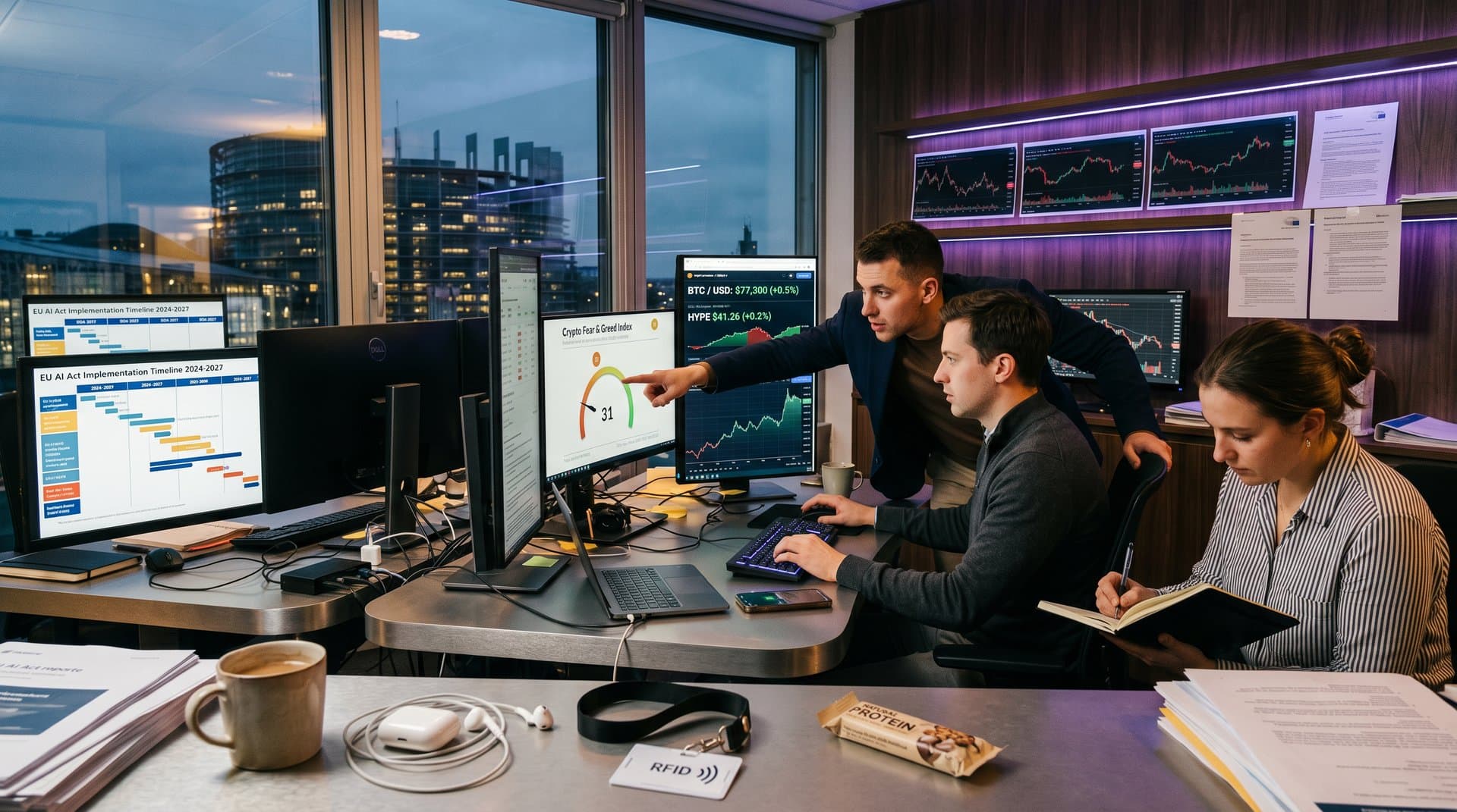 Brussels fintech analysts review Fear & Greed Index at 31 and AI token charts in modern office discussing EU AI Act