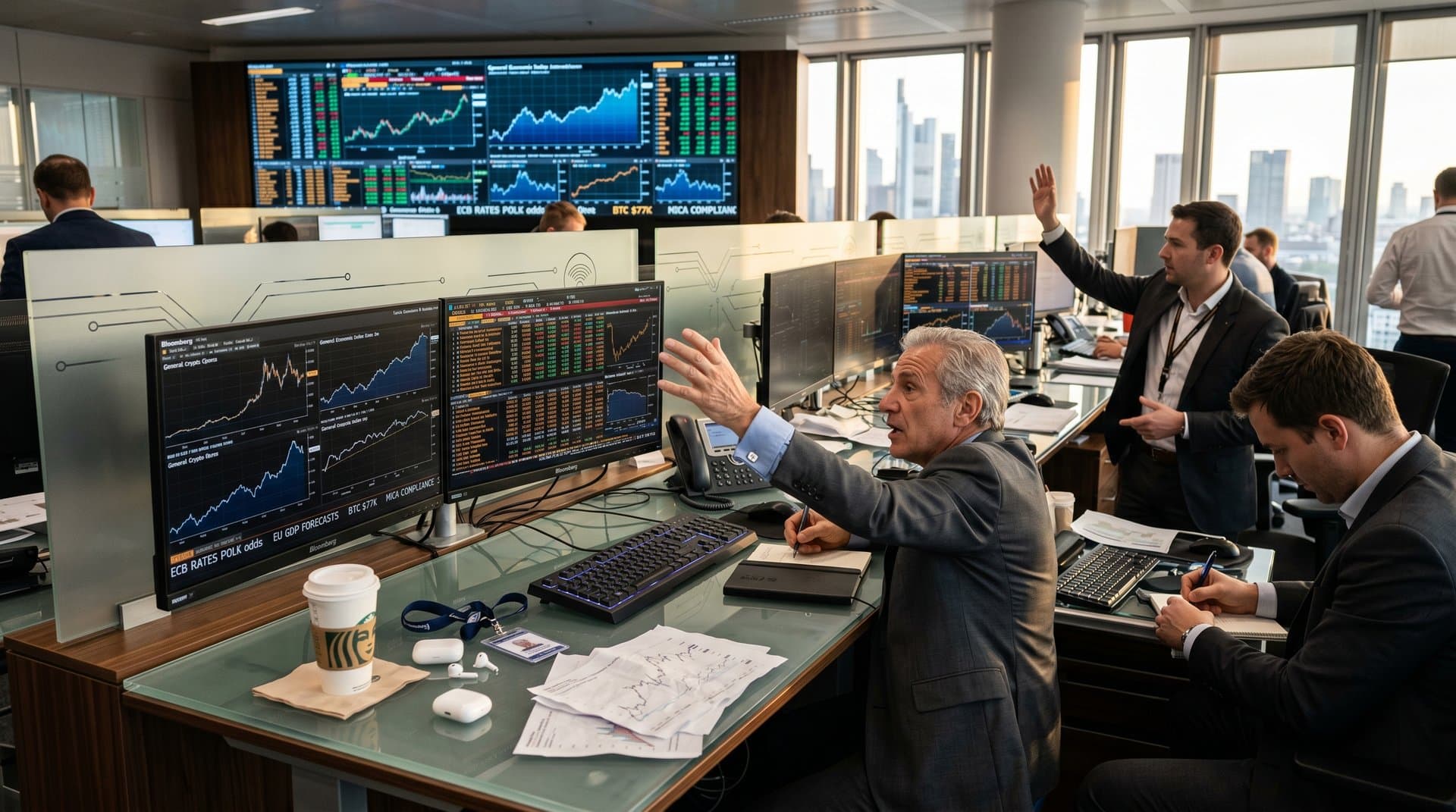 Trading desk with screens showing Polymarket odds, BTC charts, and MiCA timelines in European finance hub