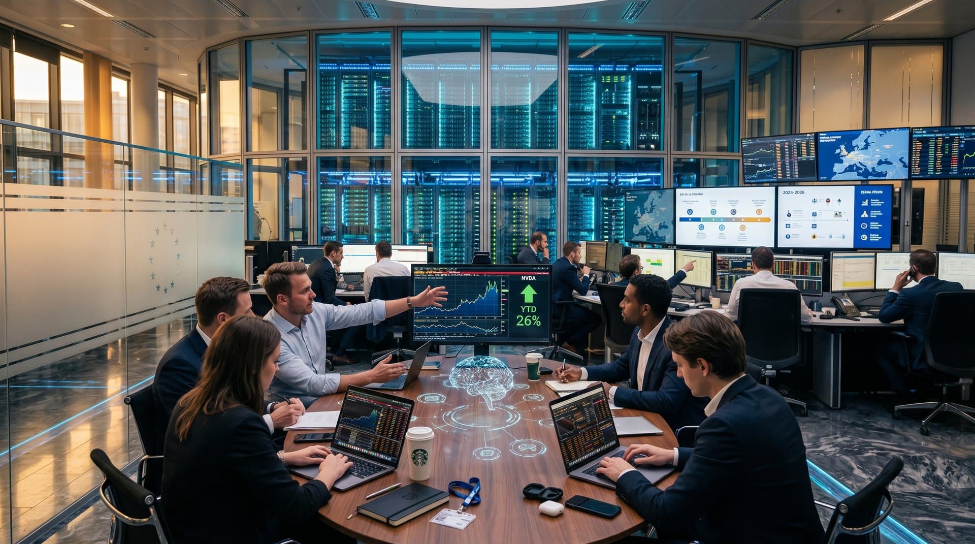 Nvidia GPU data center in European tech hub with AI visuals, stock charts, and EU regulatory symbols.