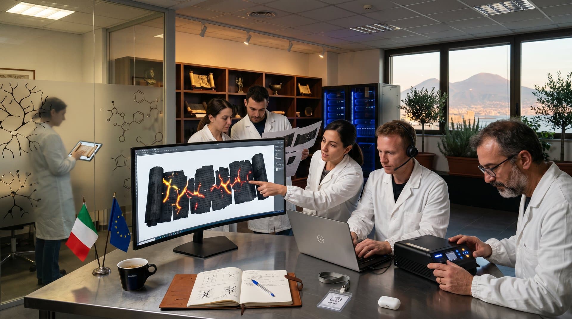 Scientists analyze AI-enhanced 3D CT scans of ancient charred papyrus scroll in Naples library lab