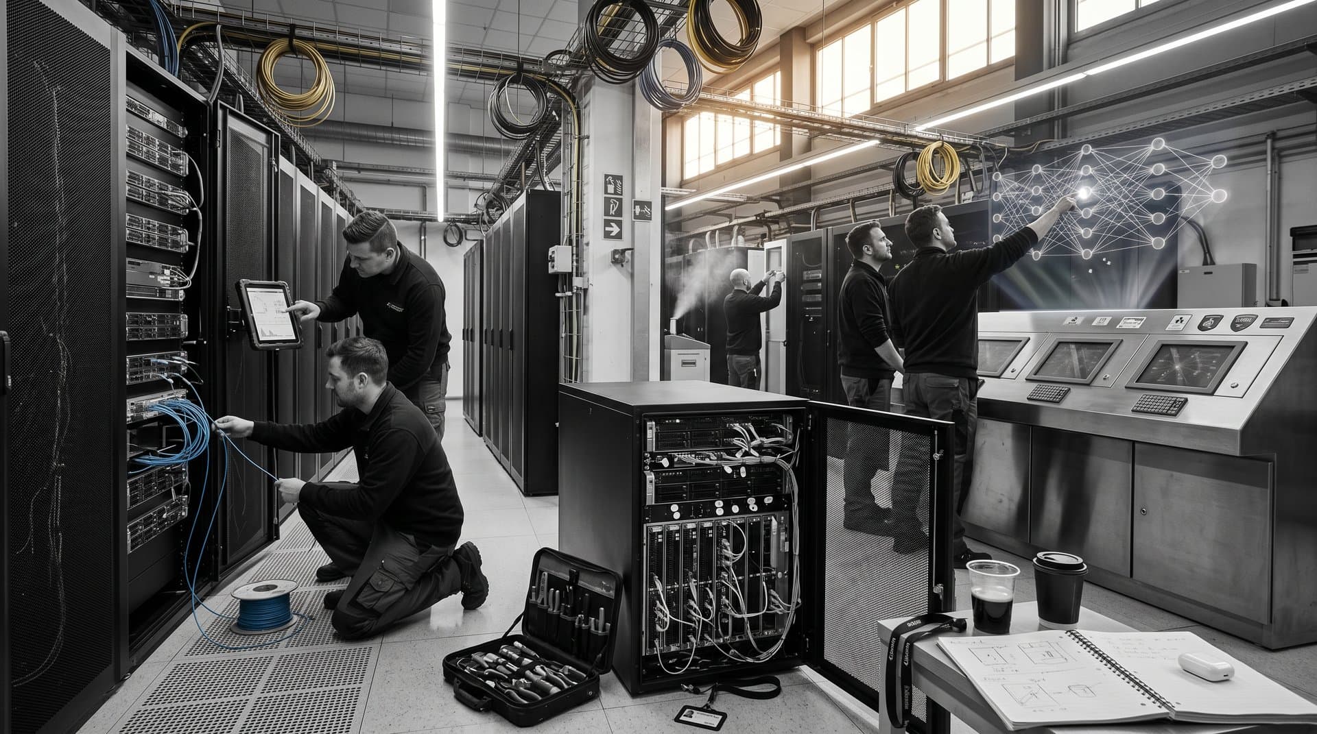 Engineers in data center monitor AI server racks with GPUs, LED lights, cooling systems, and green energy dashboards