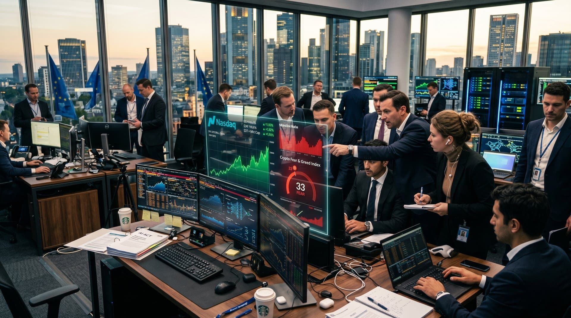 European traders analyzing Nasdaq AI stocks and Fear & Greed Index in high-tech finance hub with Green Deal AI models