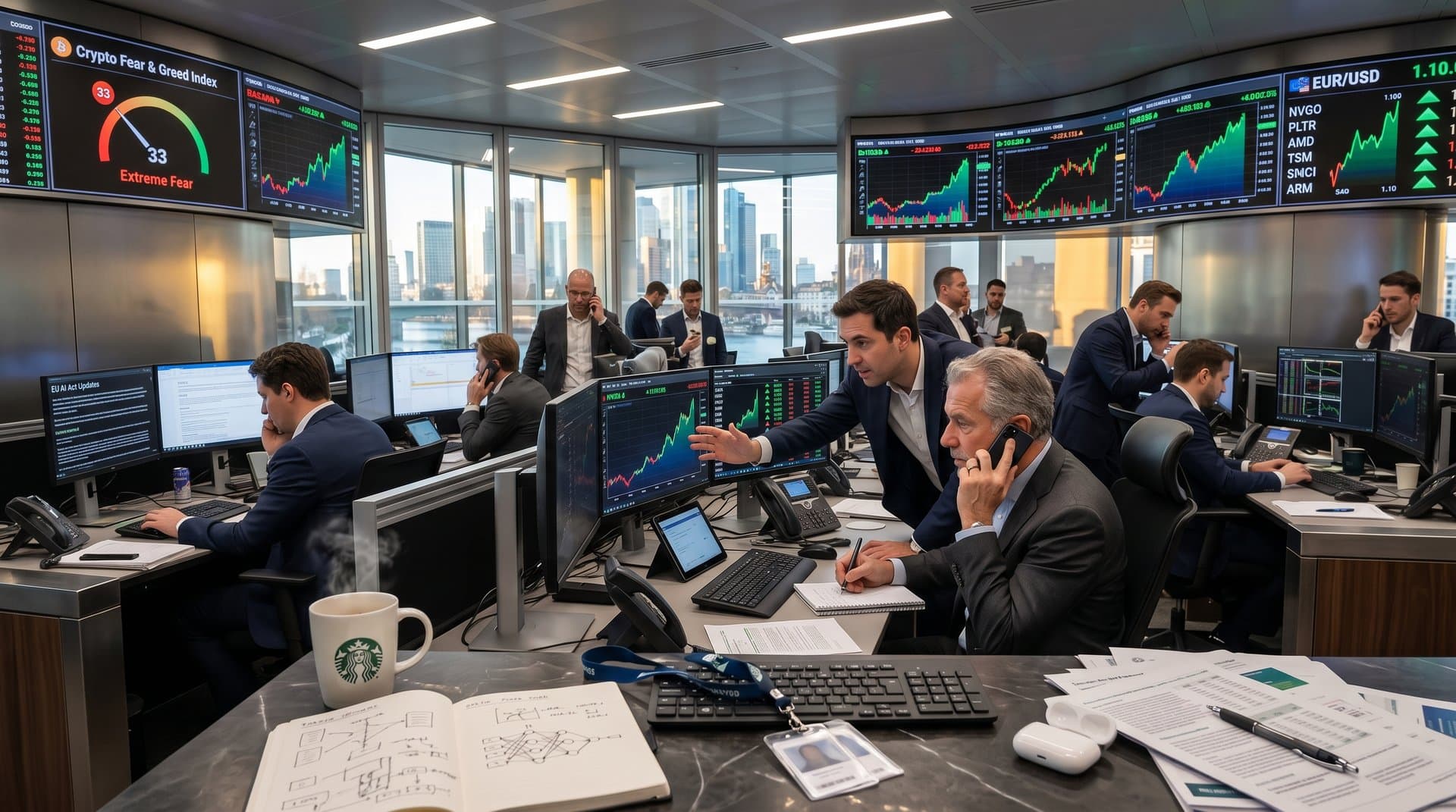 Frankfurt traders monitoring Nasdaq AI stocks and Fear & Greed Index on screens amid euro charts