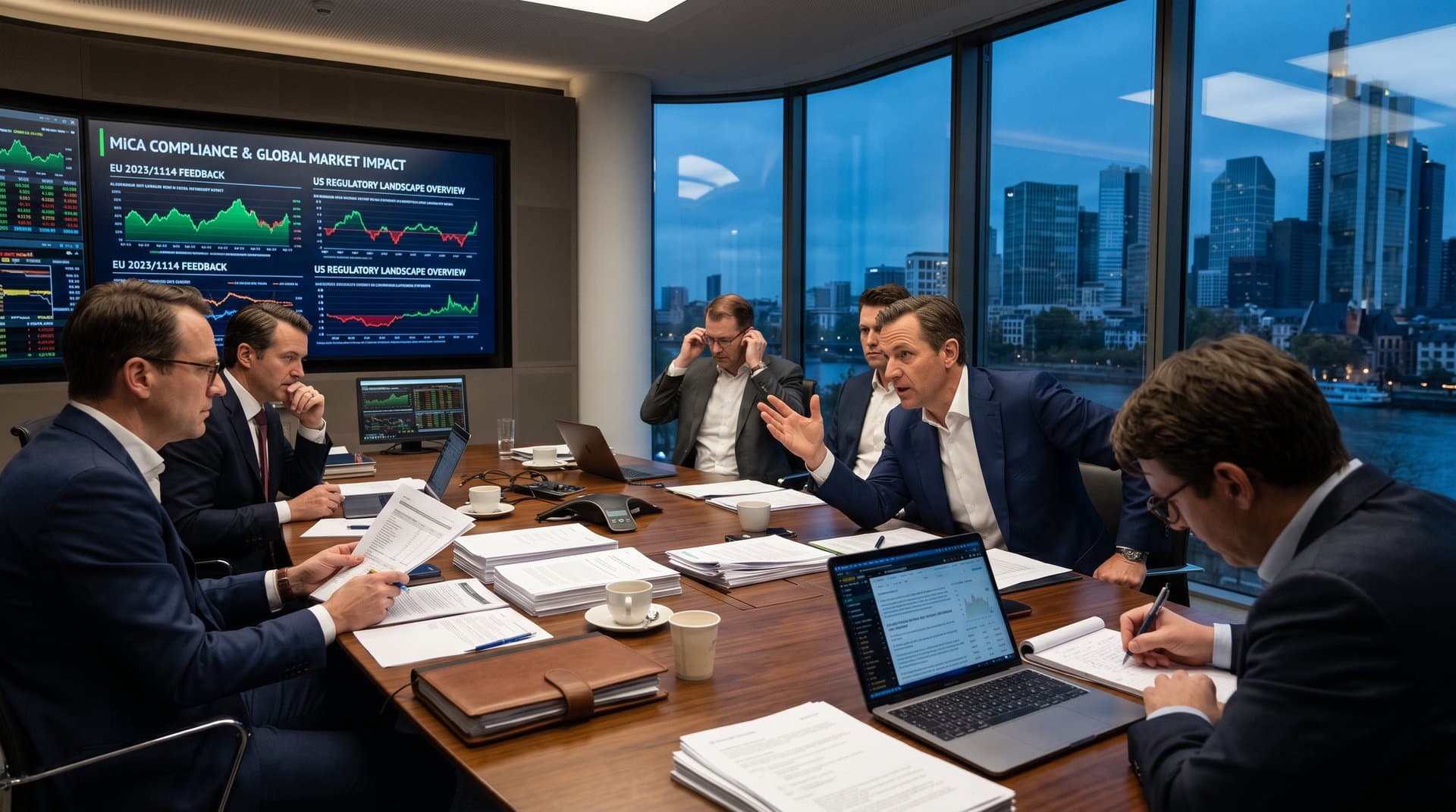ECB boardroom scene with crypto charts, MiCA documents, and Frankfurt skyline amid policy tensions