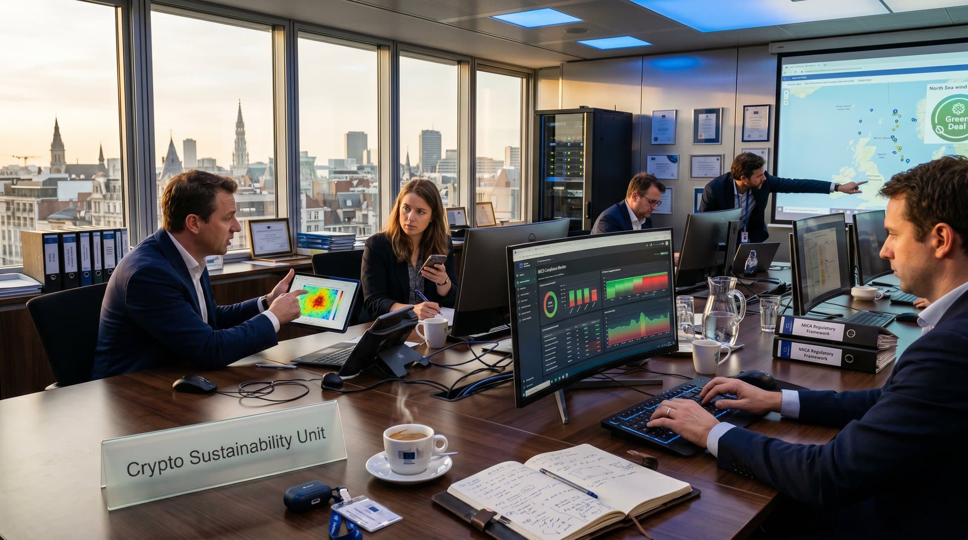 EU officials analyze MiCA crypto sustainability dashboards in Brussels Commission room with Green Deal energy maps