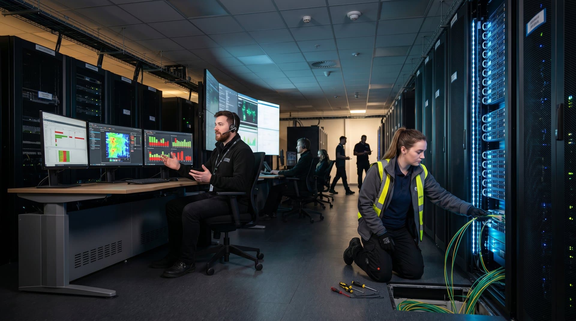 Engineers inspecting servers and monitoring power dashboards in a high-security Tier IV data centre operations room