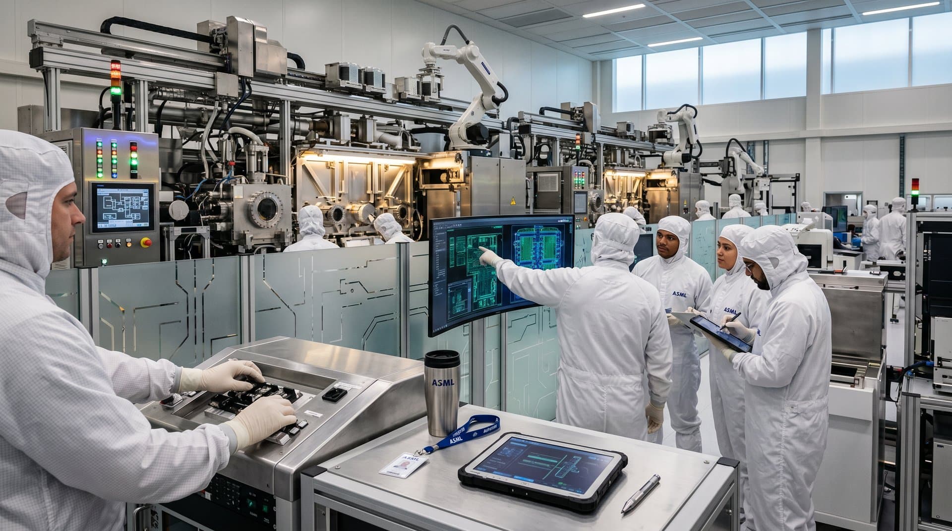 ASML engineers operate EUV machine in Veldhoven cleanroom with monitors and robots