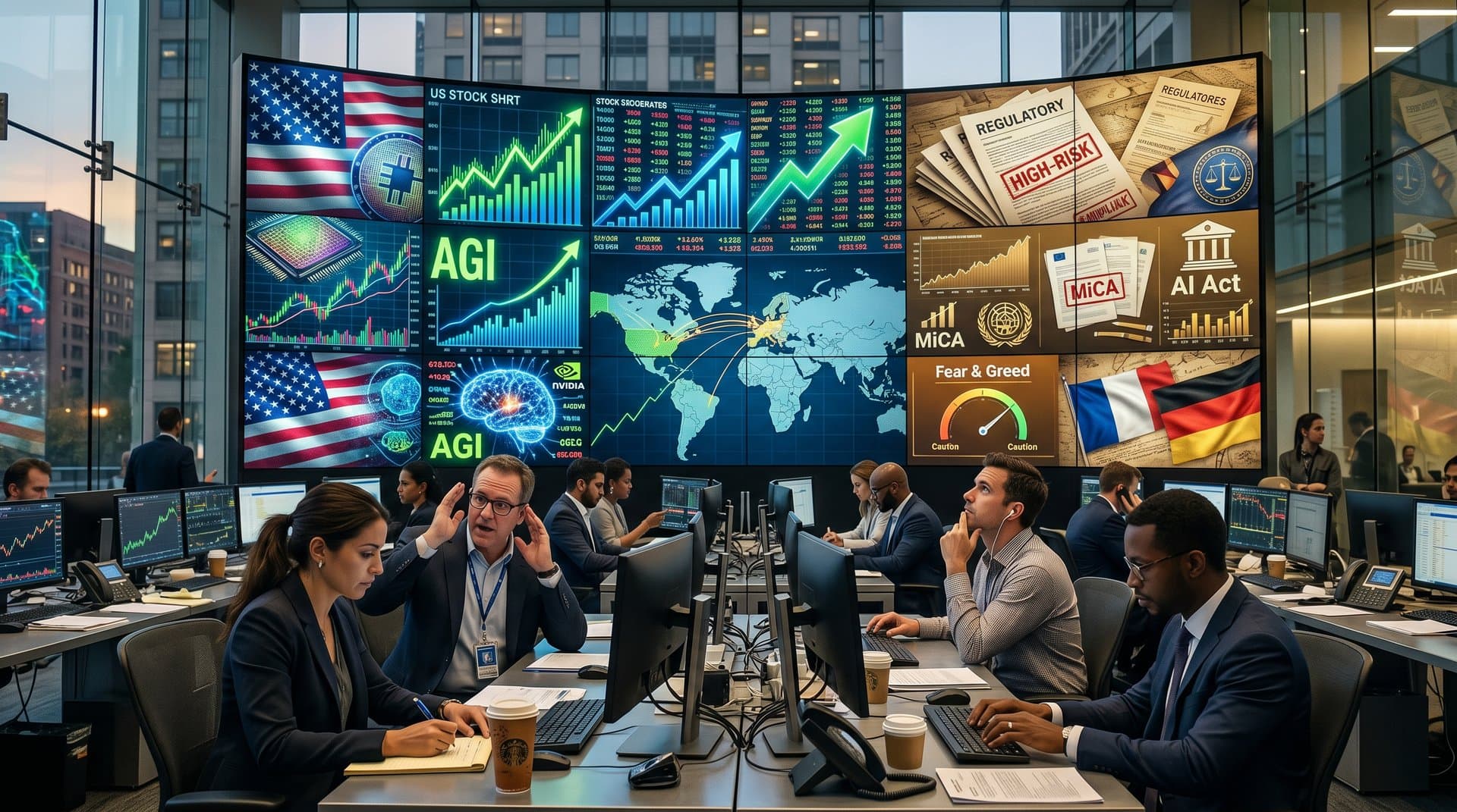 Split dashboard contrasting US AI stock surge with EU regulatory balance in neon financial visualization
