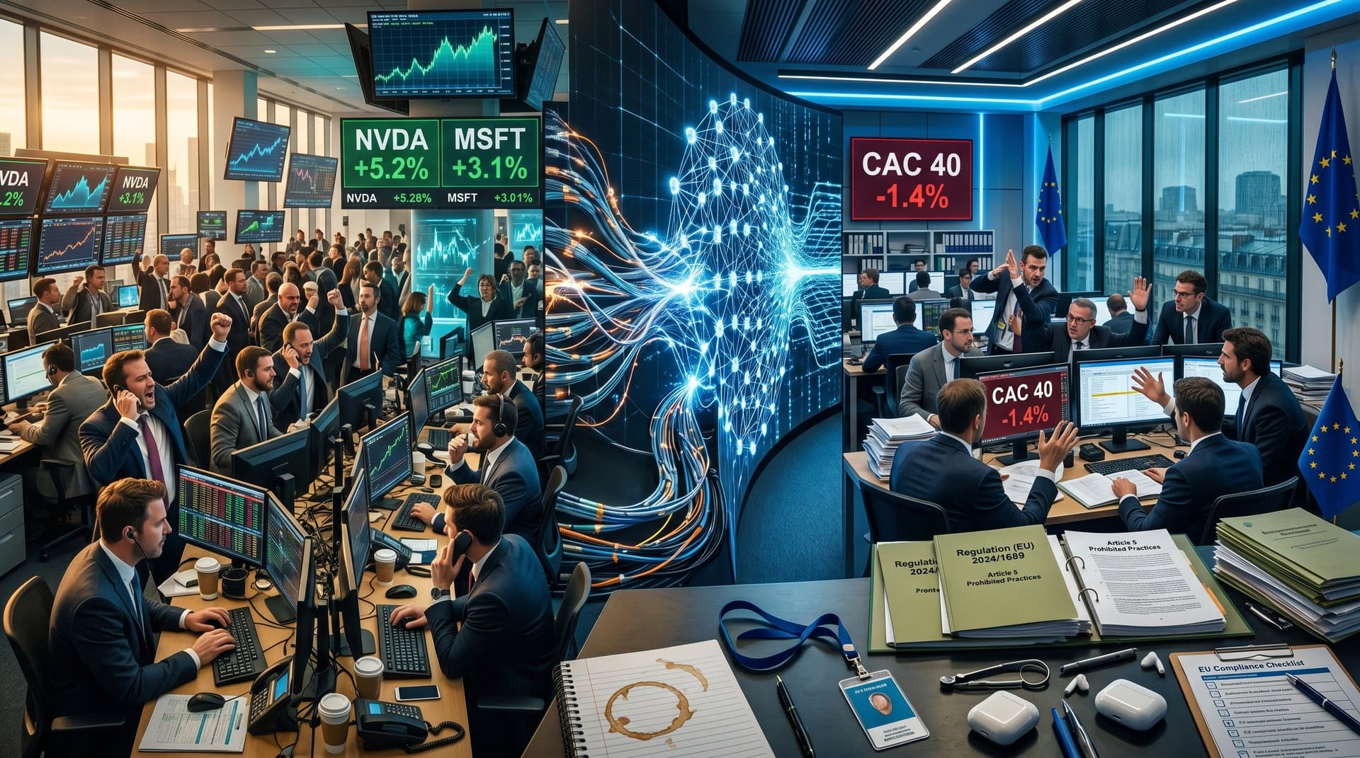 Split image of bustling US Nasdaq AI stocks versus empty EU exchange with regulations