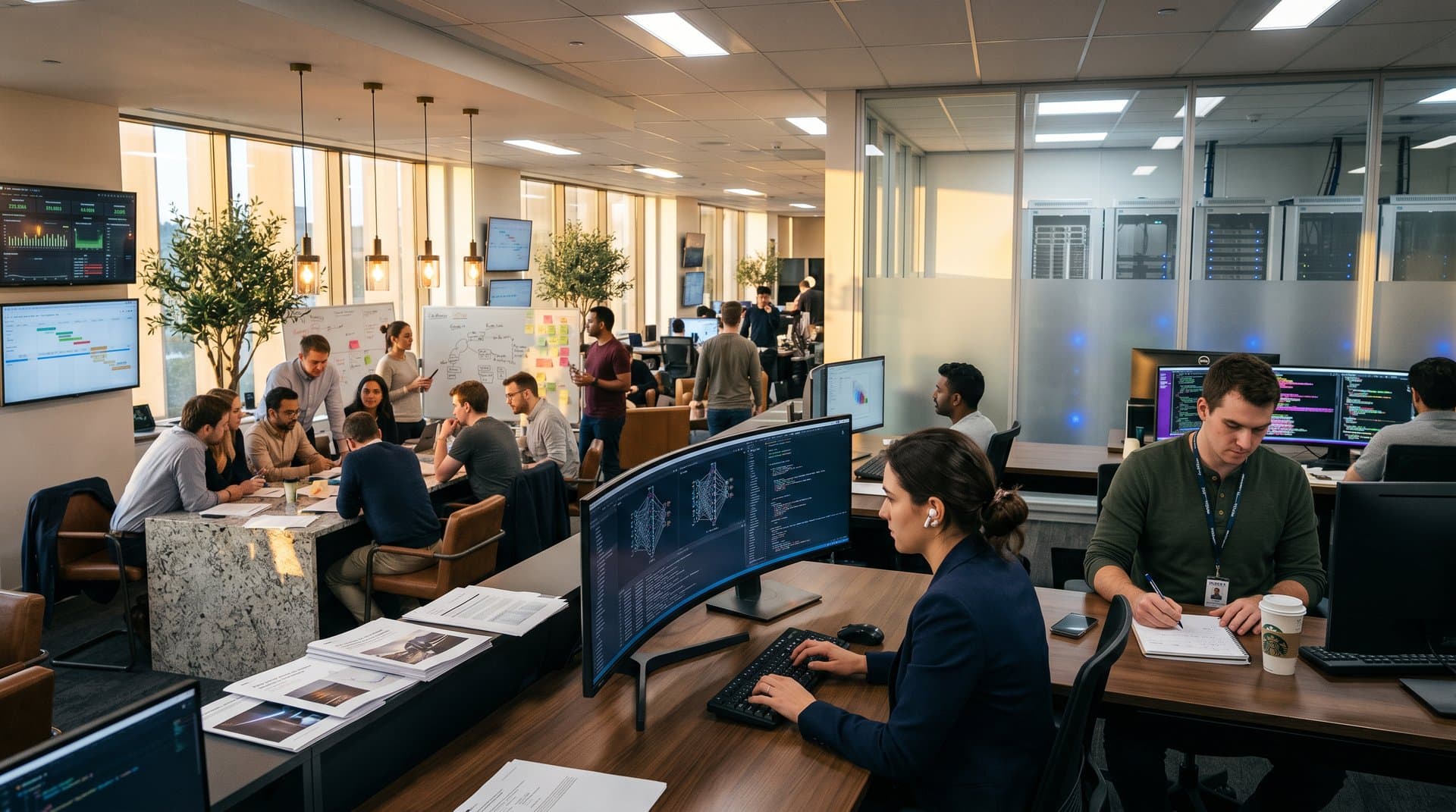 Modern European AI lab with desks, monitors showing neural networks, server racks, whiteboards, and collaboration screens in high-tech setting