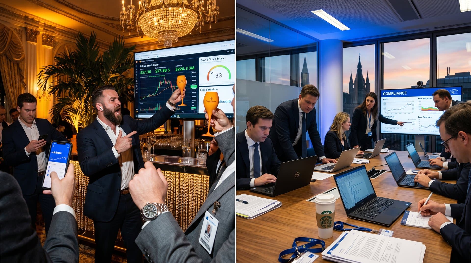 Split image contrasting Mar-a-Lago Trump crypto party with Bitcoin charts to Brussels MiCA regulation meeting