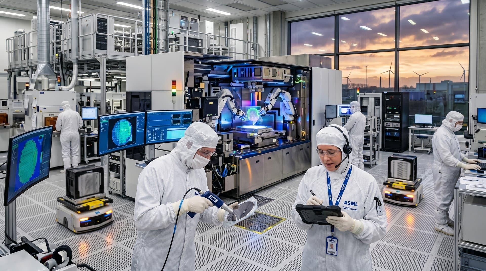 Technicians operate EUV lithography machines in ASML cleanroom amid glowing screens and robotic arms