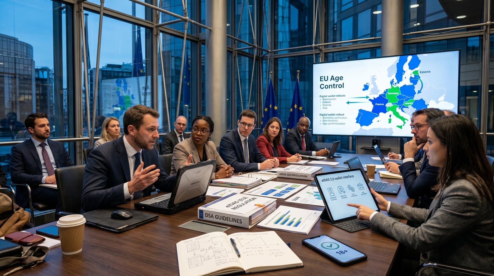EU Commission atrium with eIDAS 2.0 wallet and age verification diagrams on screen amid policy documents
