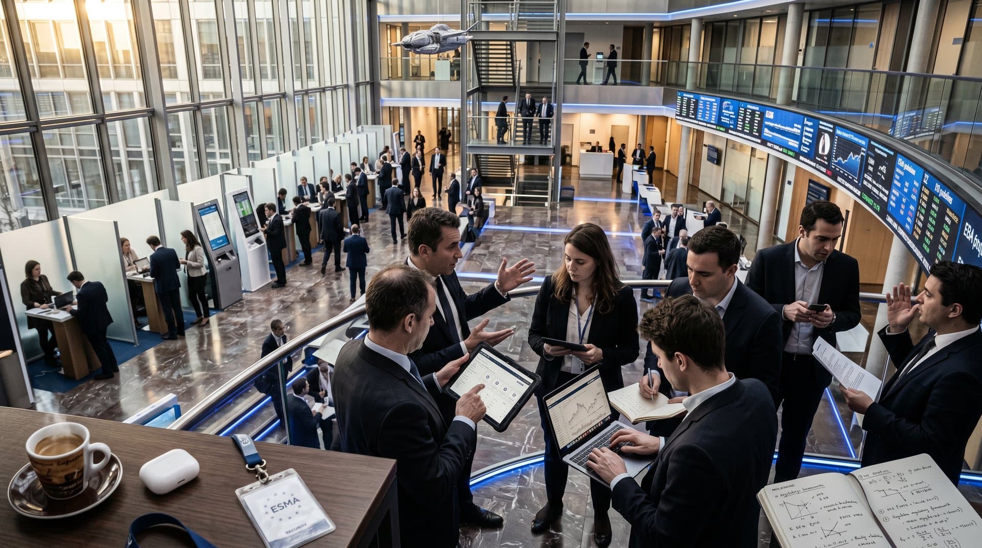 ESMA Paris atrium with professionals viewing MiCA dashboards, crypto charts, and SpaceX graphics amid modern glass and marble design