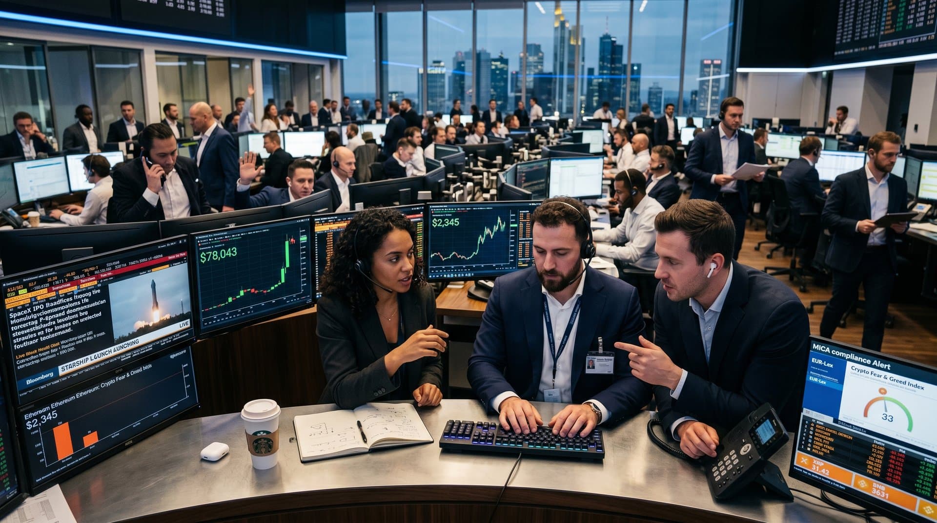 European traders analyze SpaceX IPO crypto charts, BTC at $78K, MiCA regulations on Frankfurt trading floor