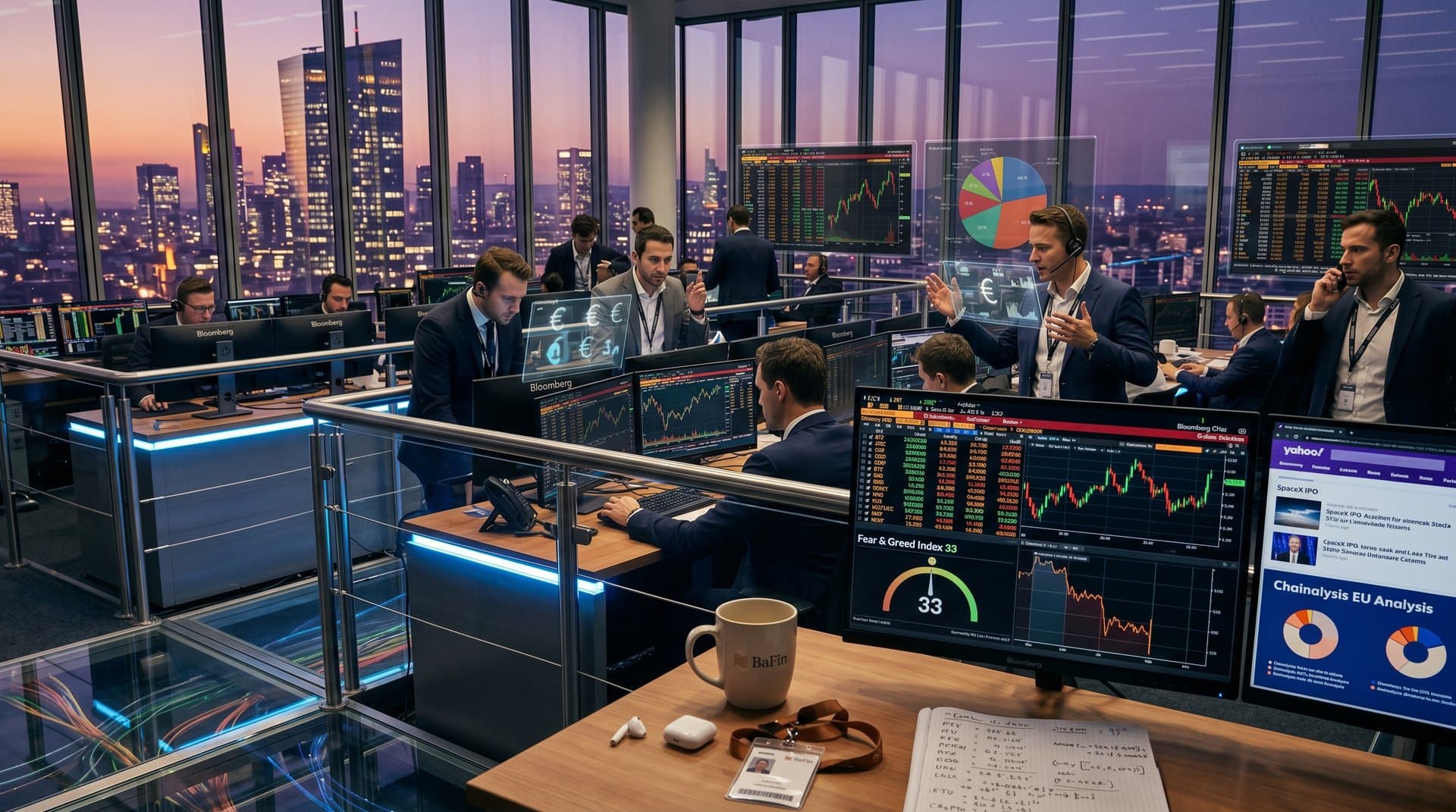 Bloomberg terminals showing SpaceX IPO charts, BTC at $77,989, and MiCA icons on a modern Frankfurt trading floor