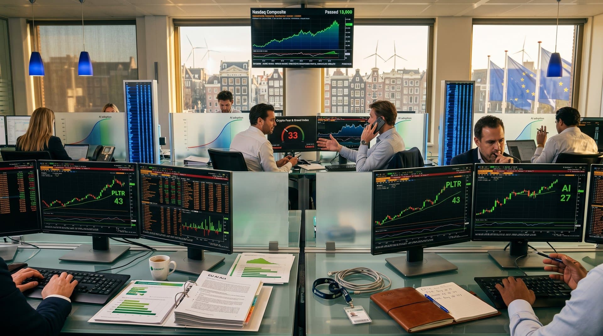 Euronext Amsterdam traders monitor Nasdaq AI growth stocks Palantir (PLTR) and C3.ai (AI) under $50 on Bloomberg terminals, Fear & Greed Index at 33