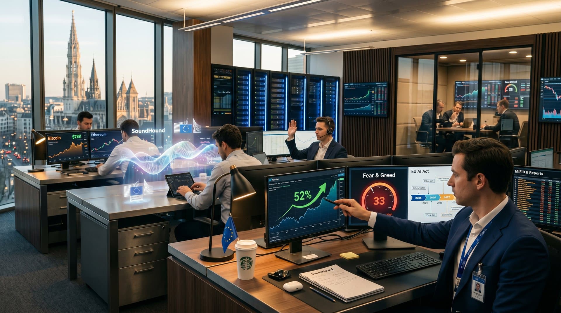Brussels trading desk with SOUN Nasdaq chart, Fear & Greed 33, EU AI Act timeline, EU Parliament skyline