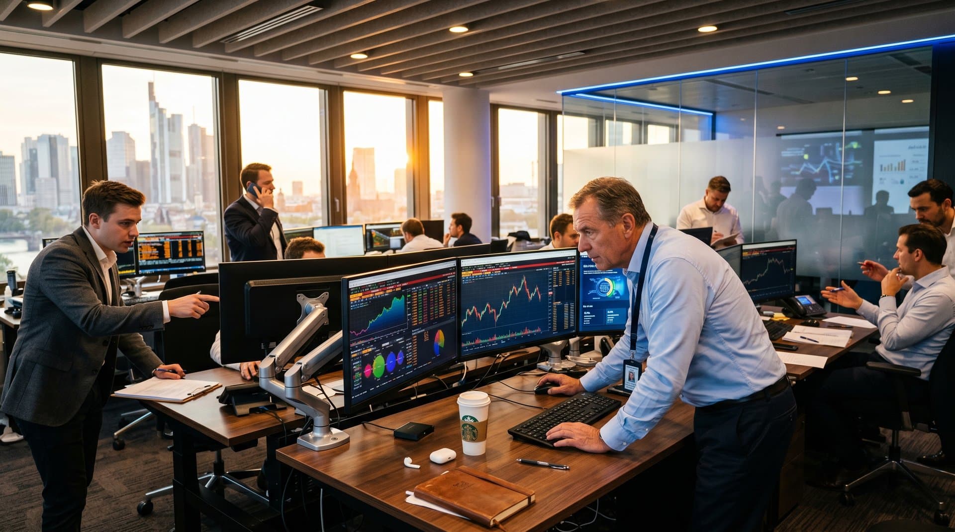 Traders analyze Nasdaq AI stocks like PLTR and BTC charts on Bloomberg terminals amid Frankfurt skyline at European bank trading floor