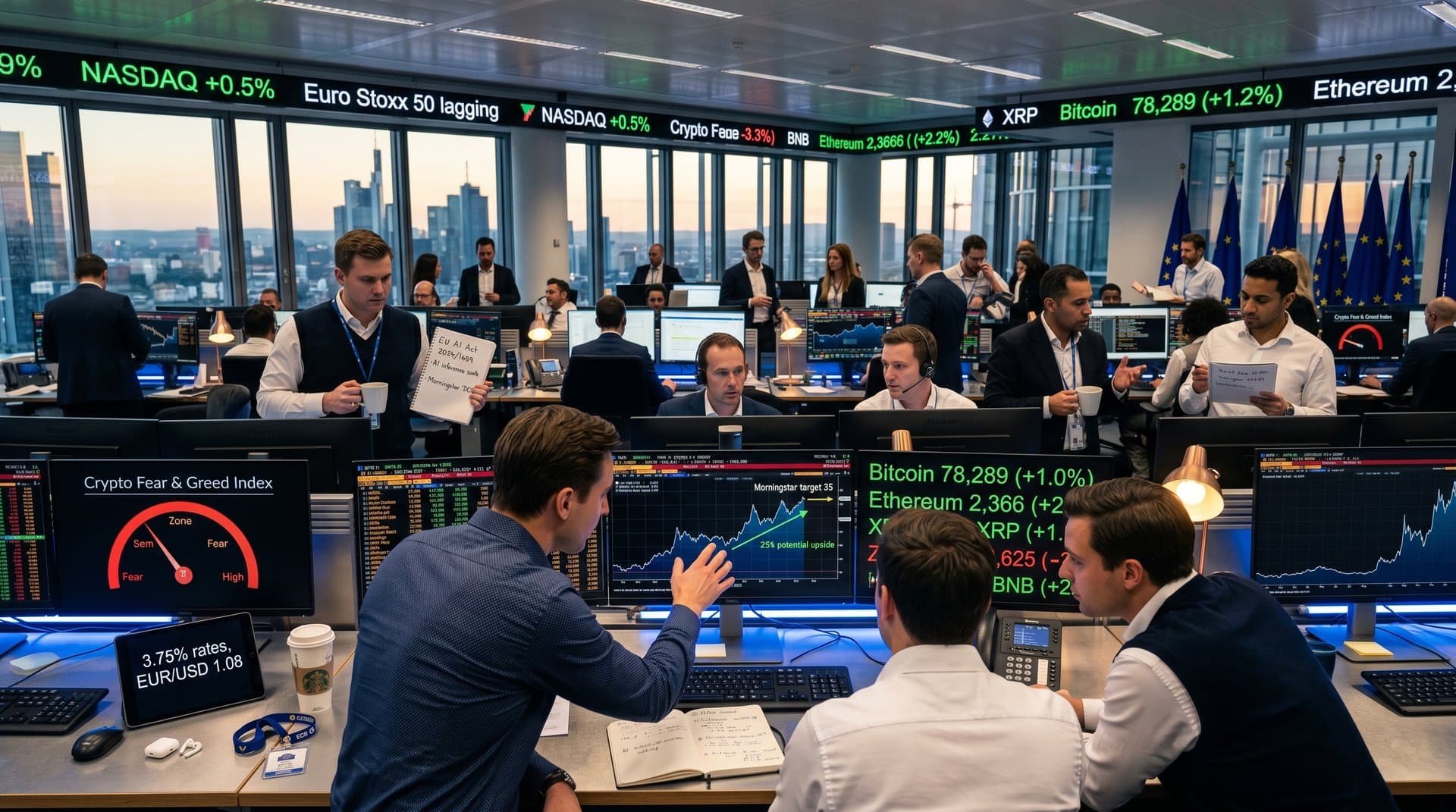 Traders monitor Nasdaq AI charts for Palantir, crypto prices, and Fear Index on terminals in bustling financial trading floor