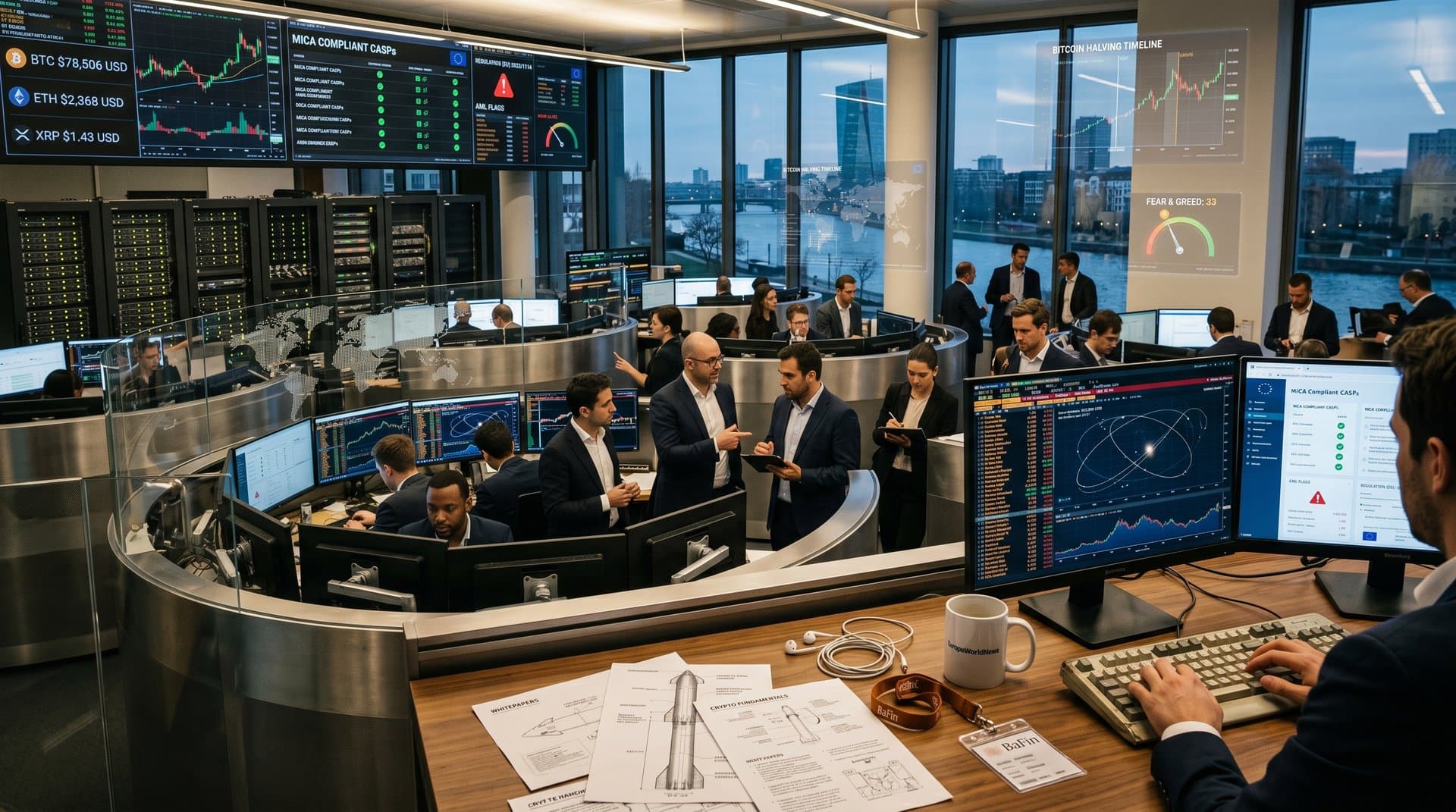 European traders monitor crypto prices and MiCA dashboards on Bloomberg terminals amid Frankfurt skyline