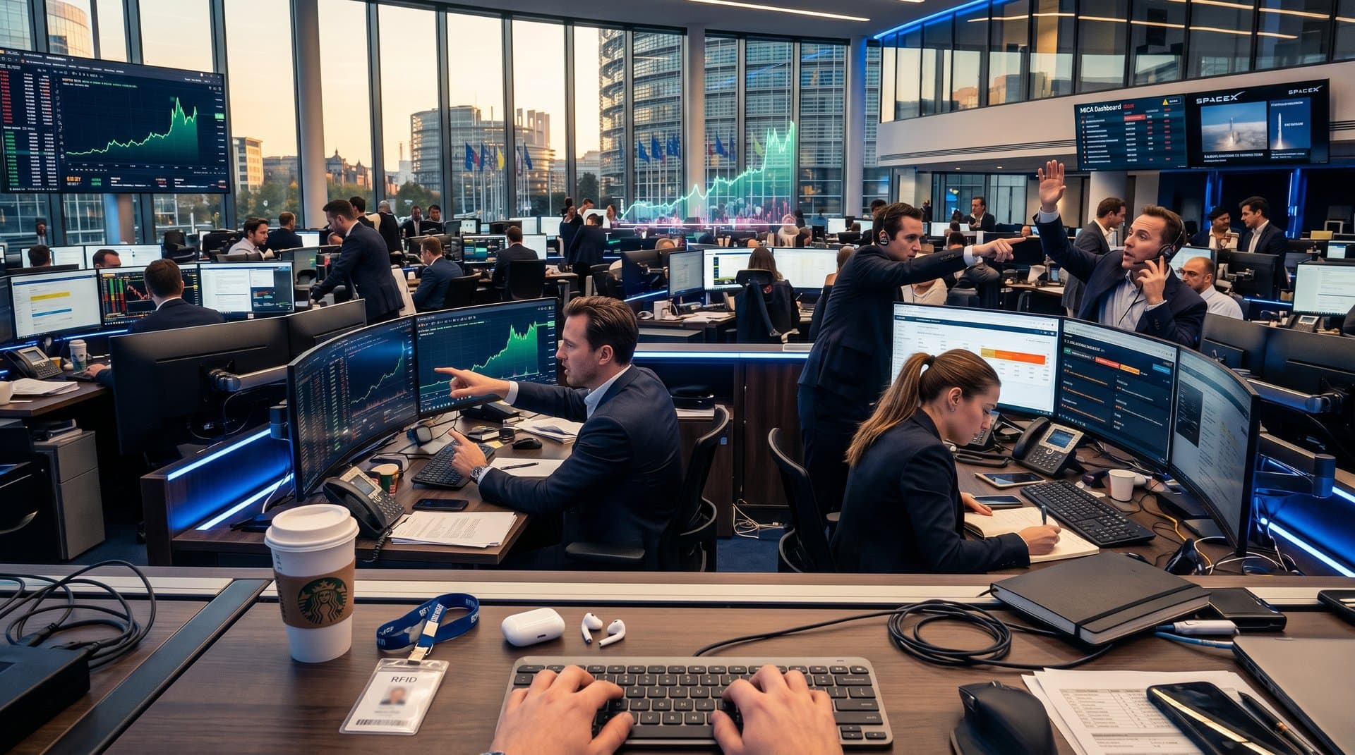 EU trading floor screens show BTC $78K, crypto charts, MiCA dashboards, and SpaceX IPO projections
