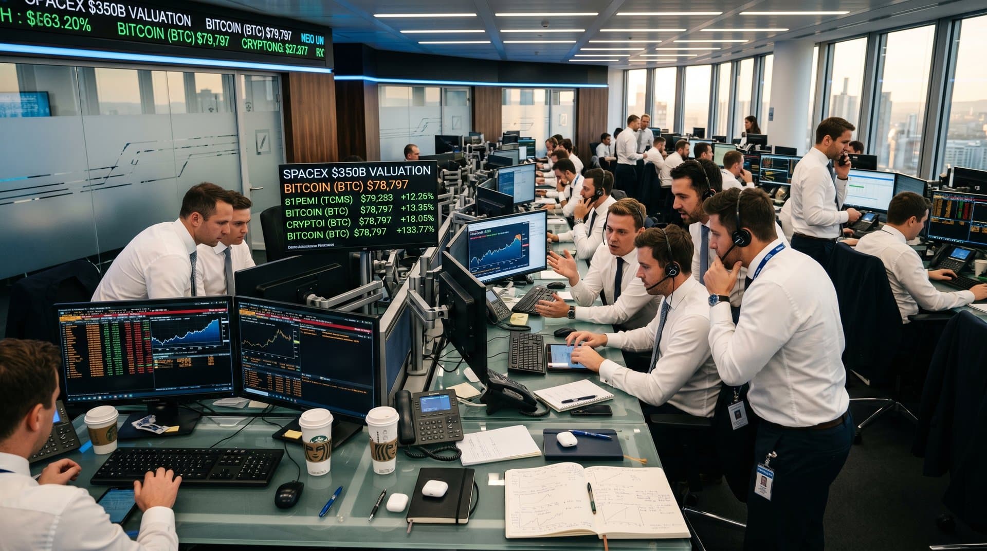 European traders analyze SpaceX IPO headlines and BTC $78K prices on Bloomberg terminals in modern finance trading floor