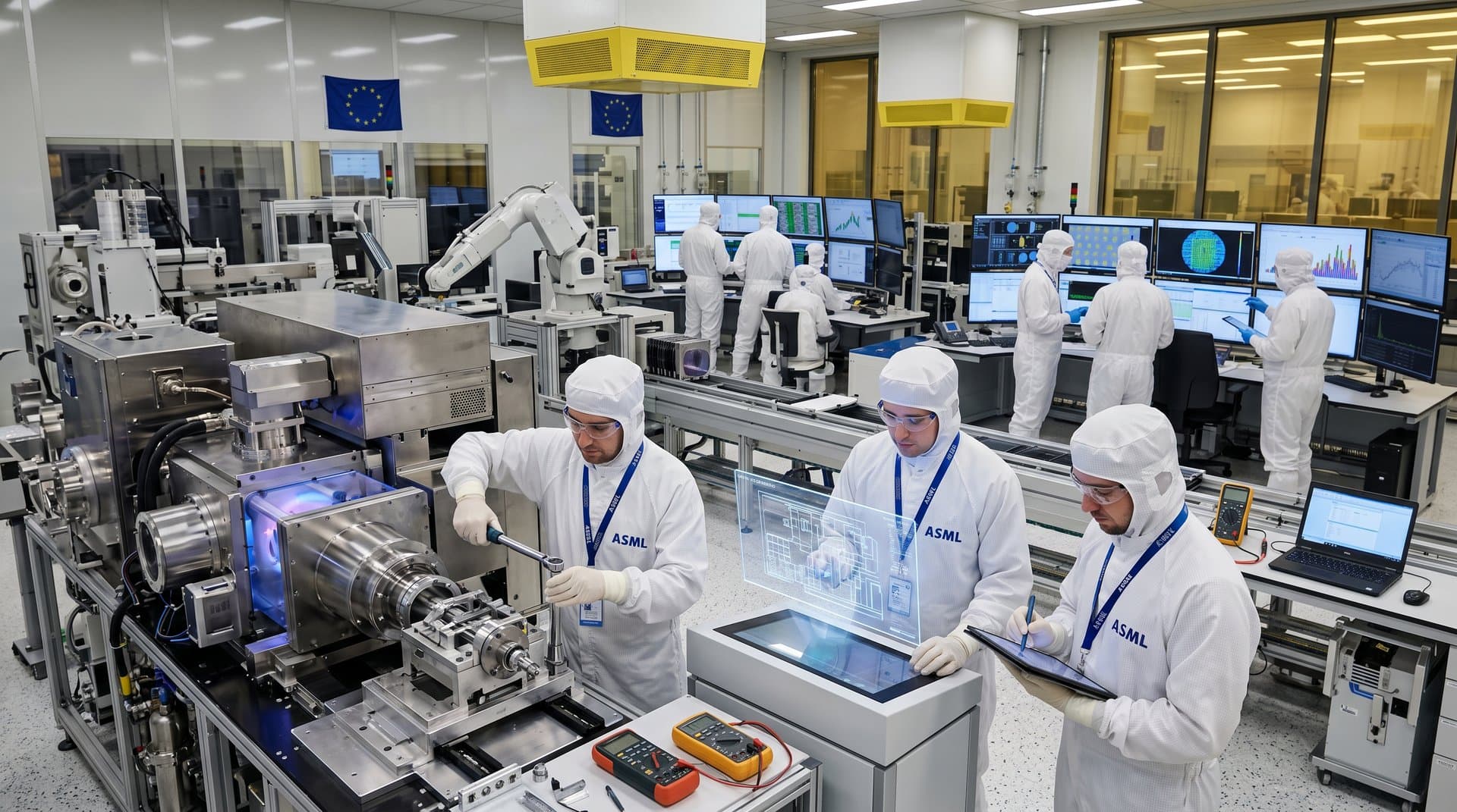 Engineers in cleanroom suits operate ASML EUV lithography machines amid glowing hoods and control consoles in Veldhoven facility