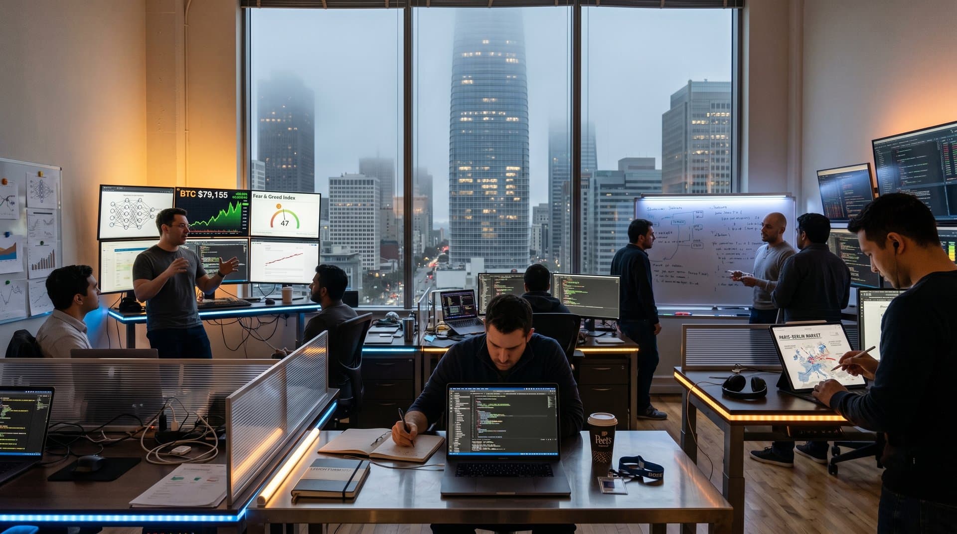 Empty San Francisco office towers contrast vibrant AI startup with screens and charts under foggy sky