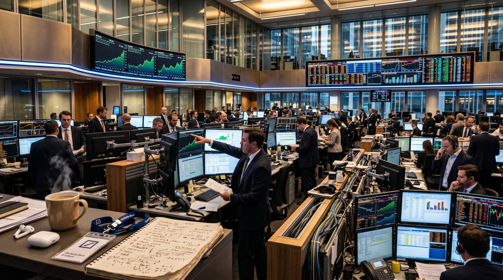 Frankfurt traders analyzing Nasdaq AI surge charts for SOUN and BBAI stocks with EU elements and market data screens