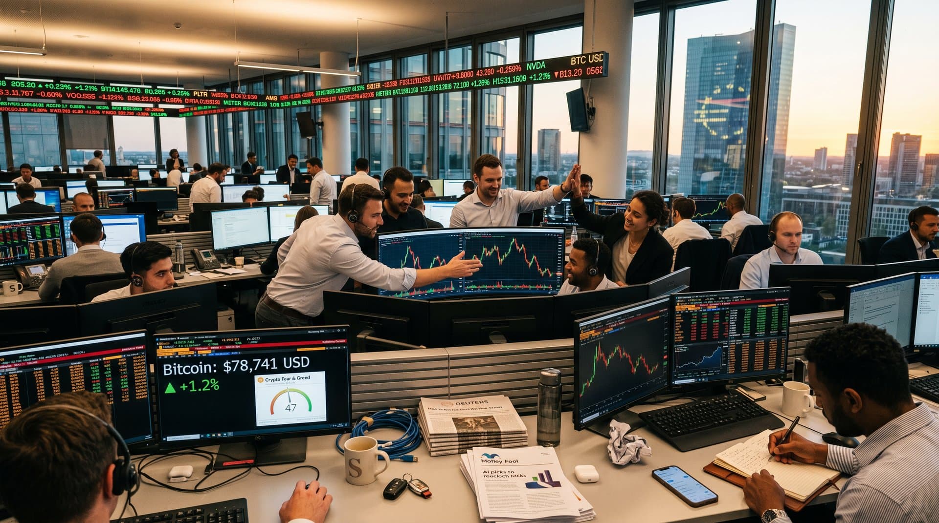 Trading floor monitors show Nasdaq AI boom with BTC $78K and Fear & Greed 47 in sleek European bank