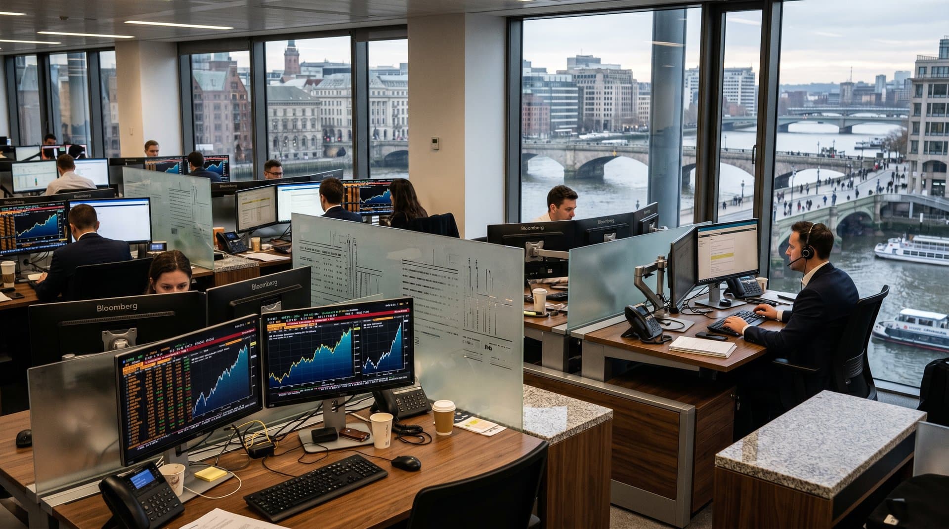 Trading floor with Bloomberg terminals displaying Nasdaq AI rally charts, Fear & Greed at 47, crypto prices in modern European finance hub