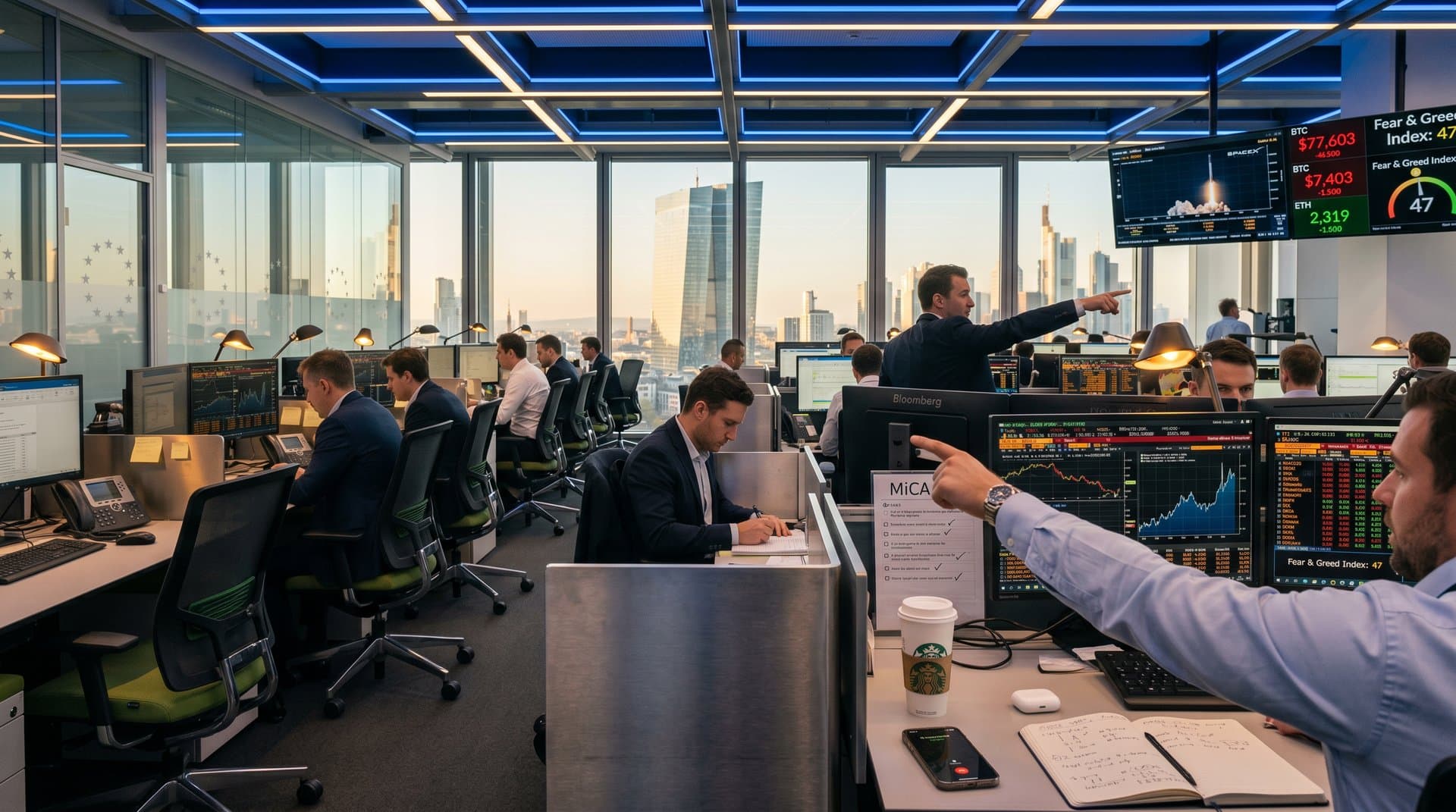 Frankfurt trading floor showing SpaceX IPO crypto frenzy charts, BTC $77,603, MiCA compliance, EU finance hub