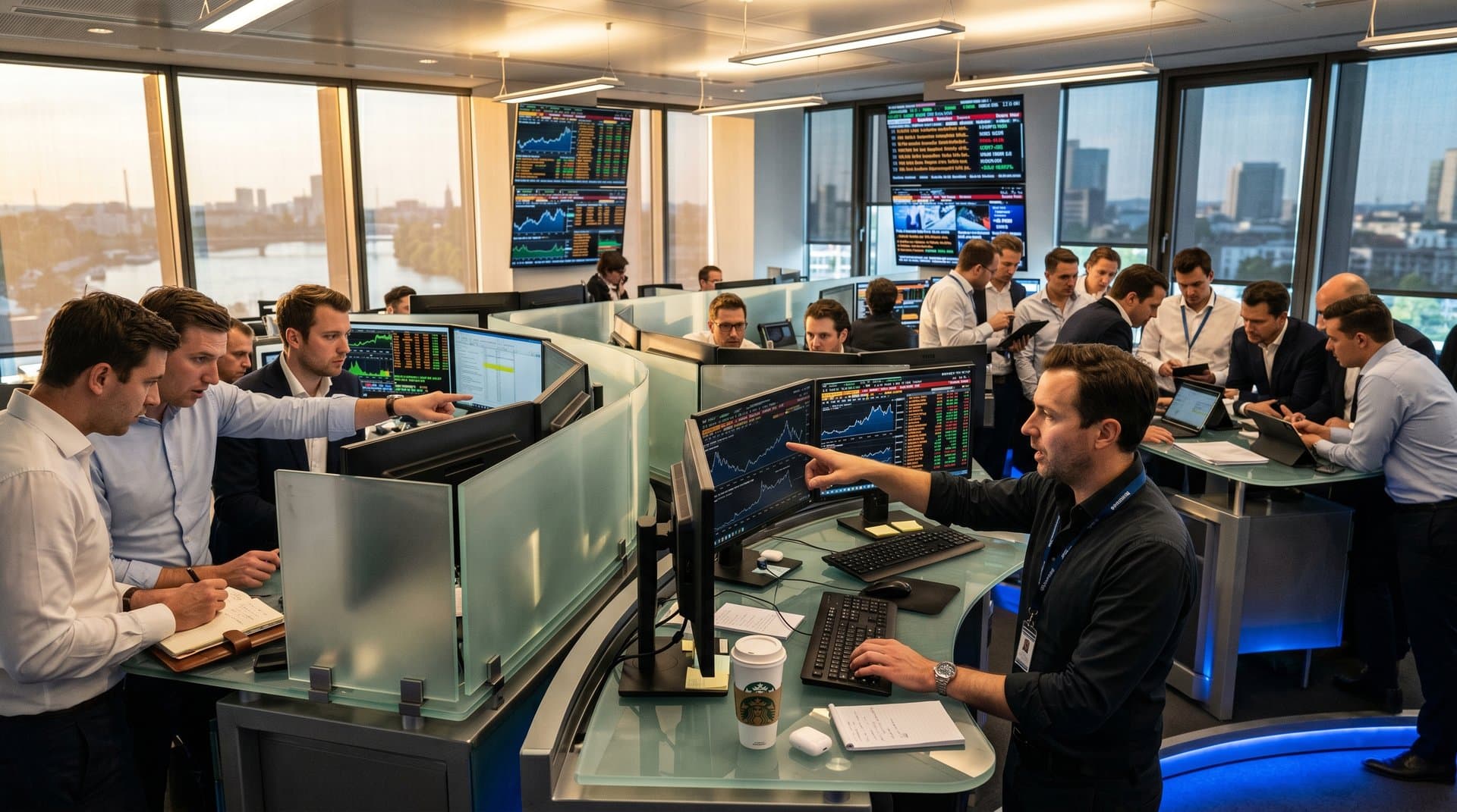 Analysts on European bank Frankfurt trading floor study semiconductor ETF and ASML charts on Bloomberg terminals amid multi-monitor setups