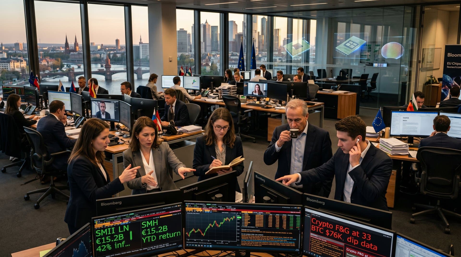 European traders analyze semiconductor ETFs and EU Chips Act on high-tech screens with city skyline backdrop
