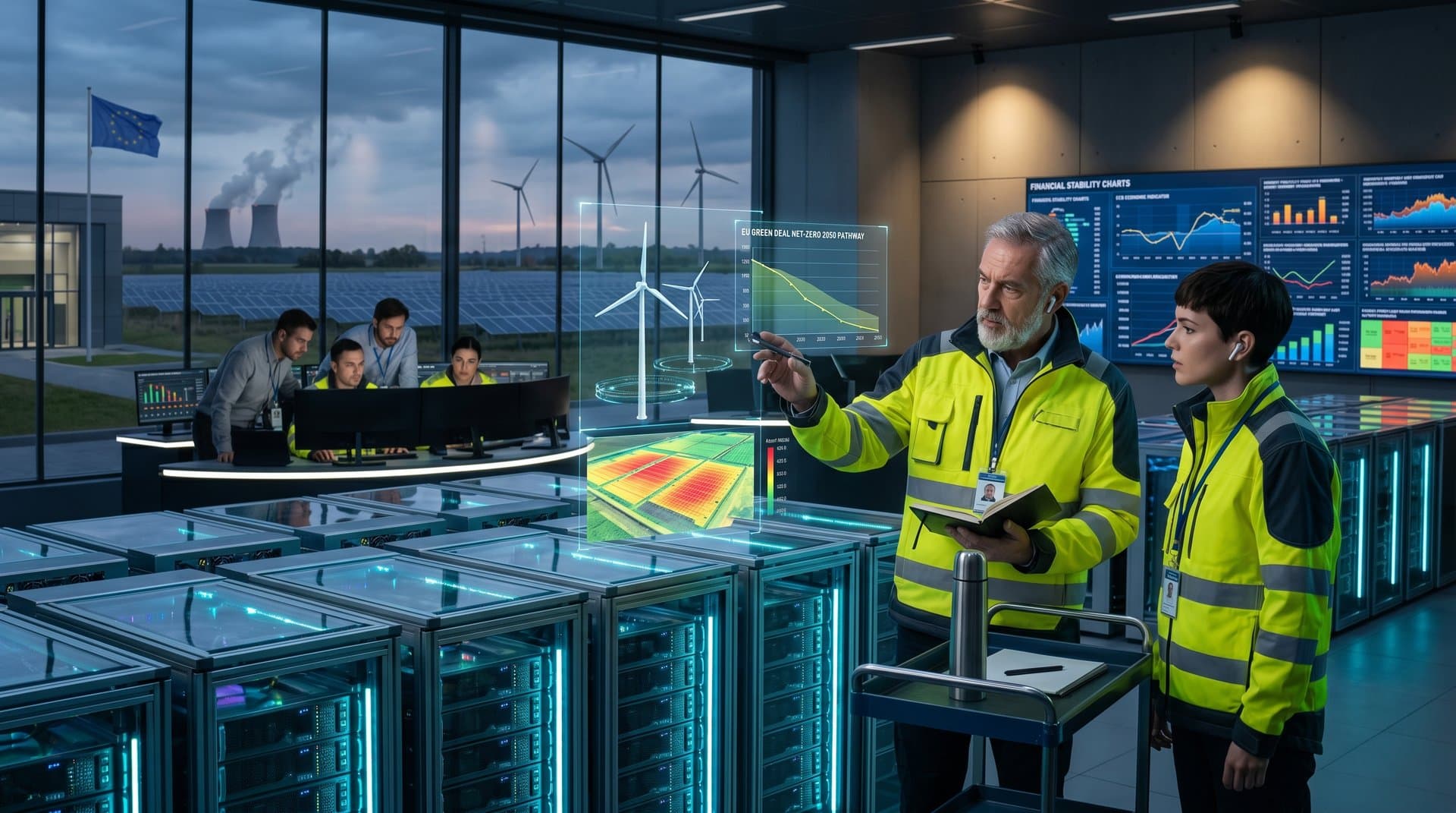 Sustainable AI data center with server racks, monitors showing climate models, EU Green Deal metrics, and crypto charts against solar farm backdrop