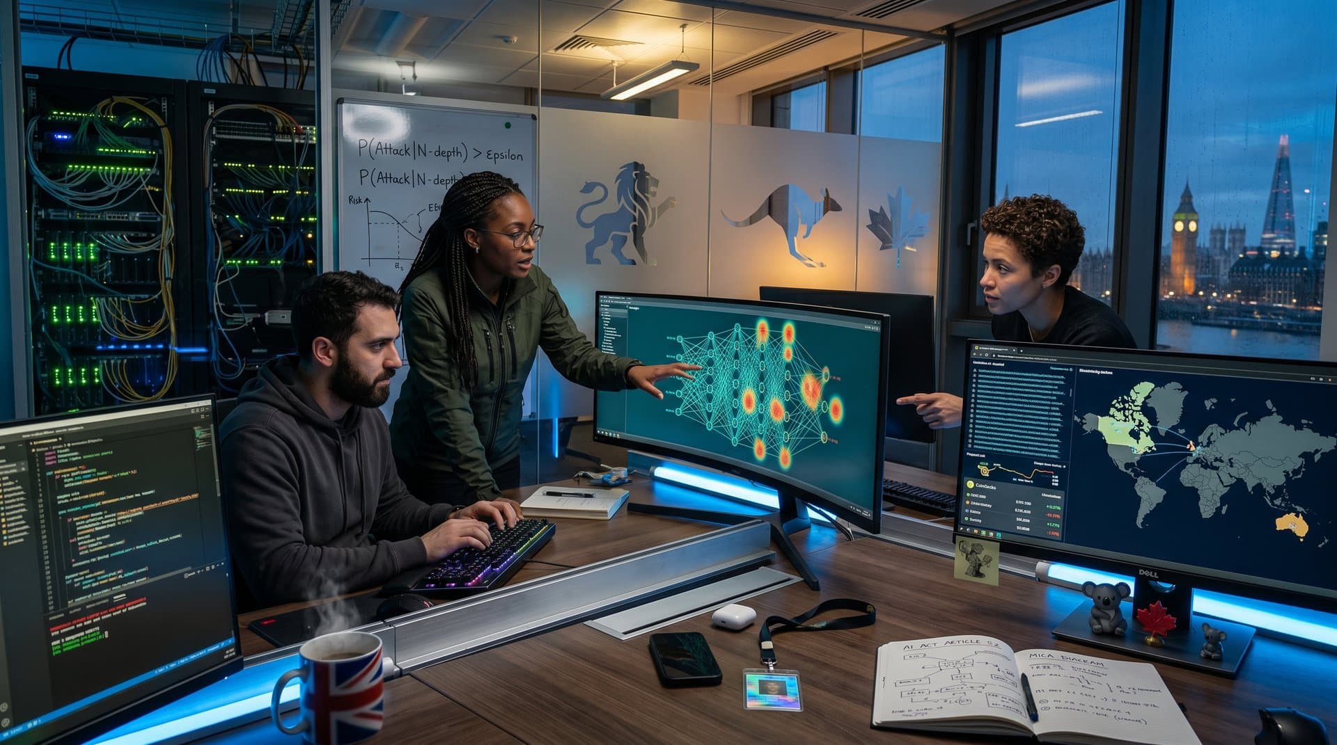 AI researchers at multi-monitor stations analyzing security scans in modern UK tech lab with server racks and city view