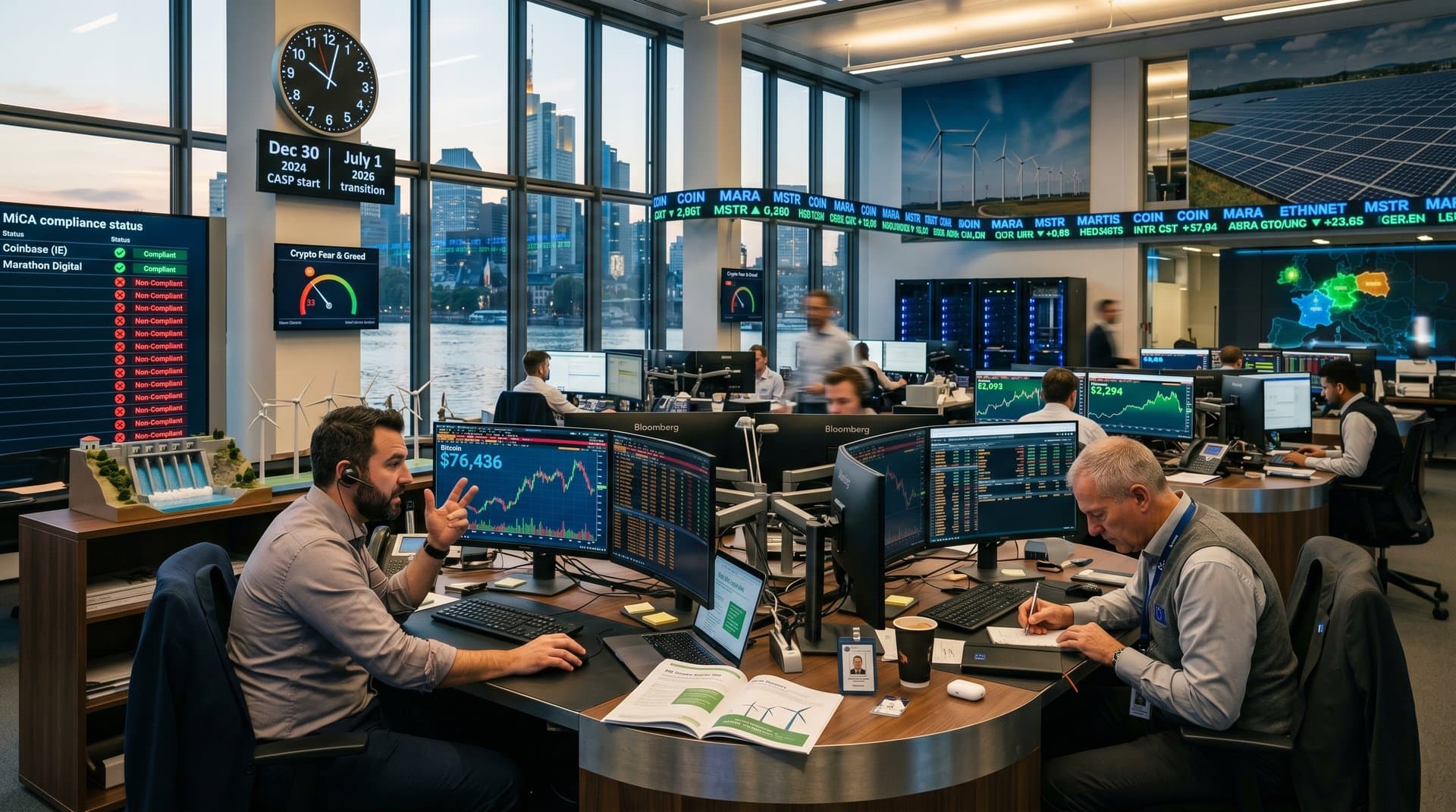 Bloomberg terminals display BTC at $76K, Fear & Greed Index 33, MiCA dashboards in Frankfurt trading room
