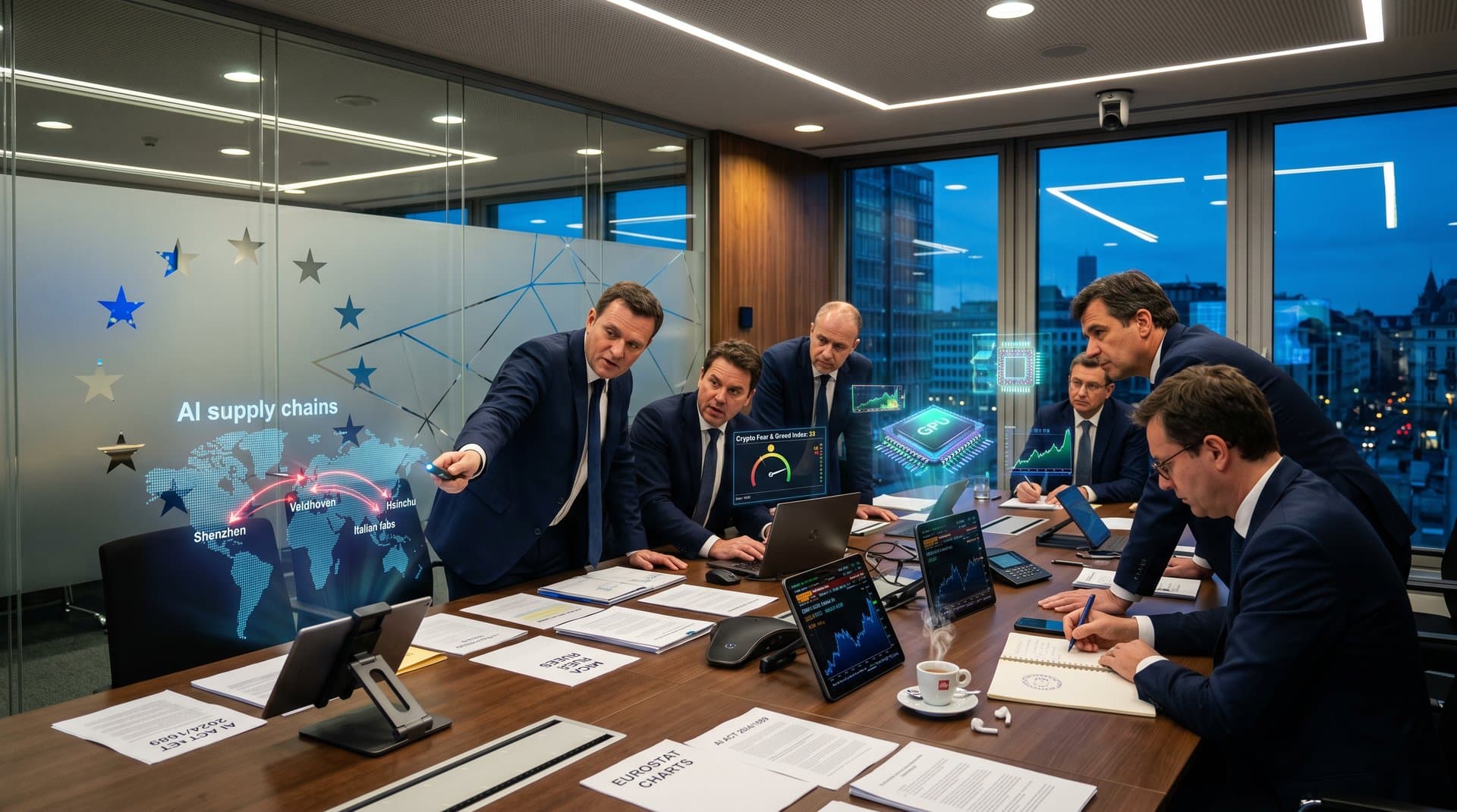 EU officials analyze AI supply chain disruptions in Brussels Commission room with charts and terminals