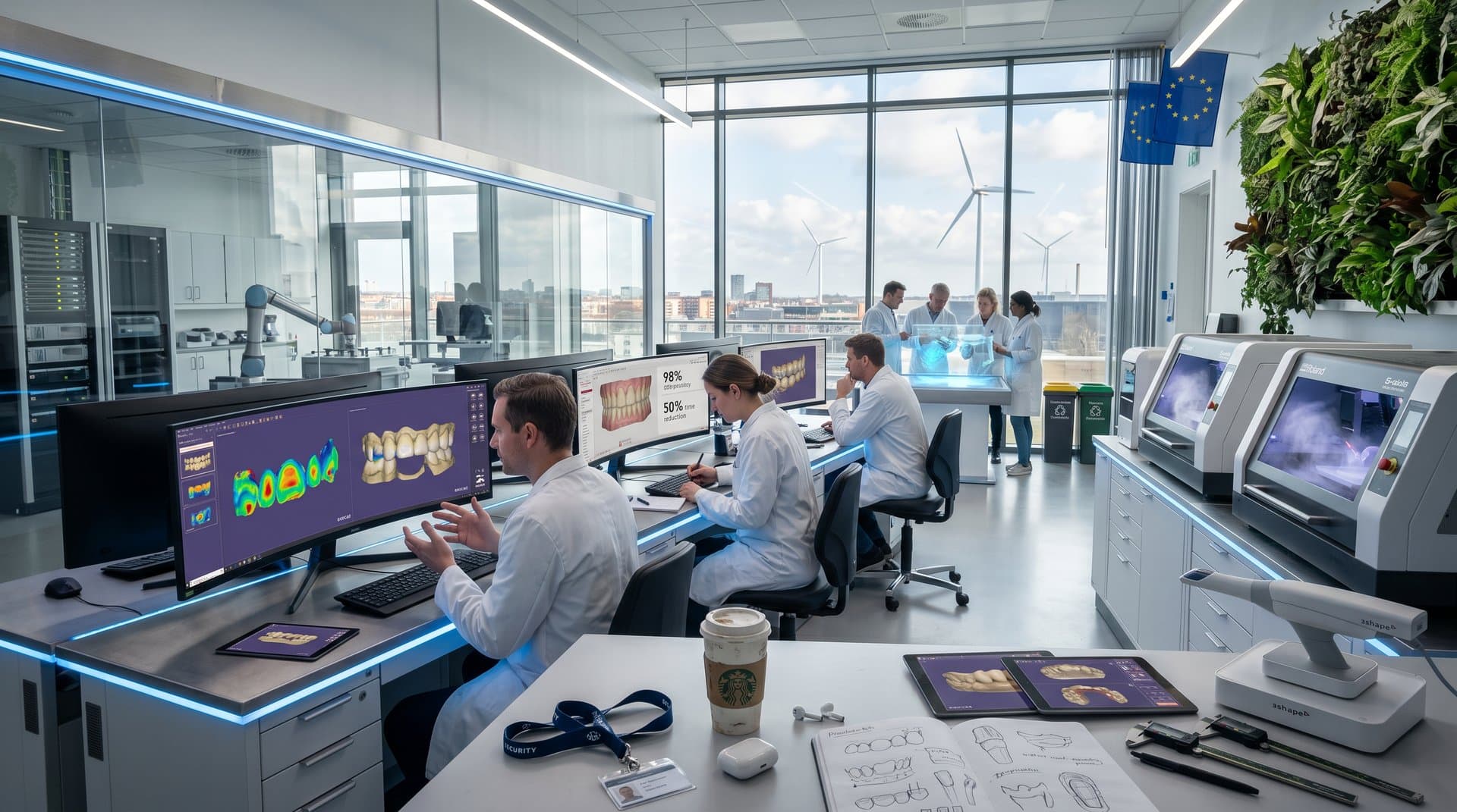 European dental lab with AI CAD workstations showing 3D prosthetic designs on monitors amid milling machines and tech interfaces