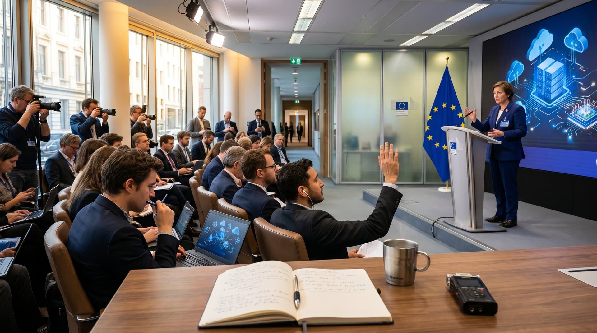 EU Commission press room briefing on DMA cloud and AI expansion with screens showing tech graphics and journalist setups