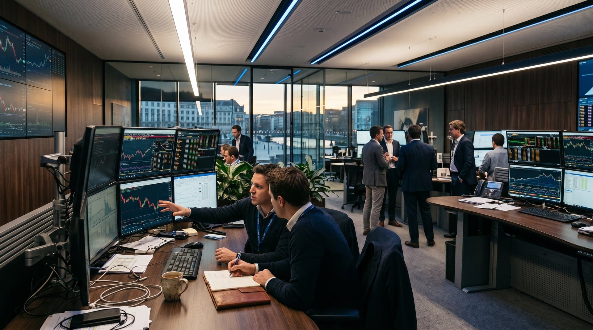 EU trading floor screens showing BTC $76,588 dip, Fear & Greed 26, MiCA timeline, crypto stocks