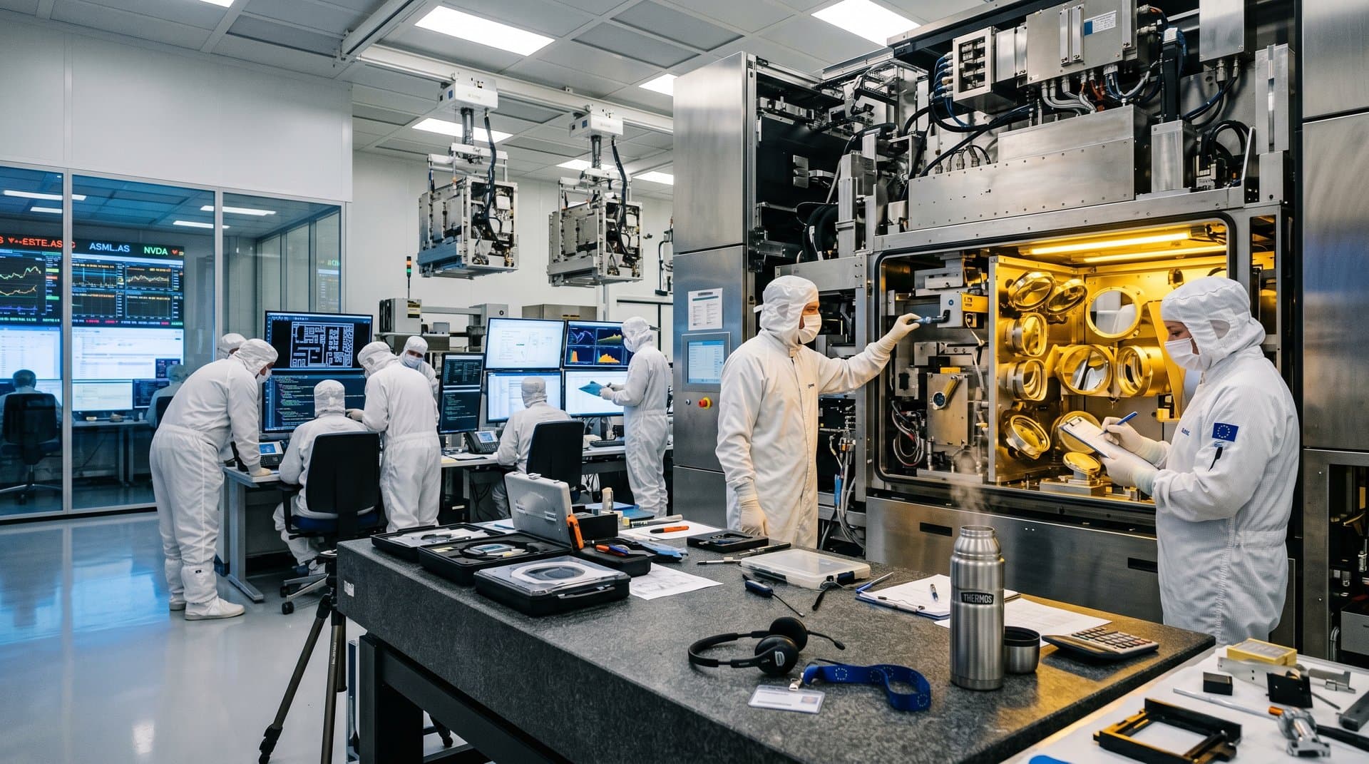 Technicians in cleanroom suits calibrate EUV lithography machine at ASML facility, surrounded by monitors, robotic hoists, and high-tech workstations