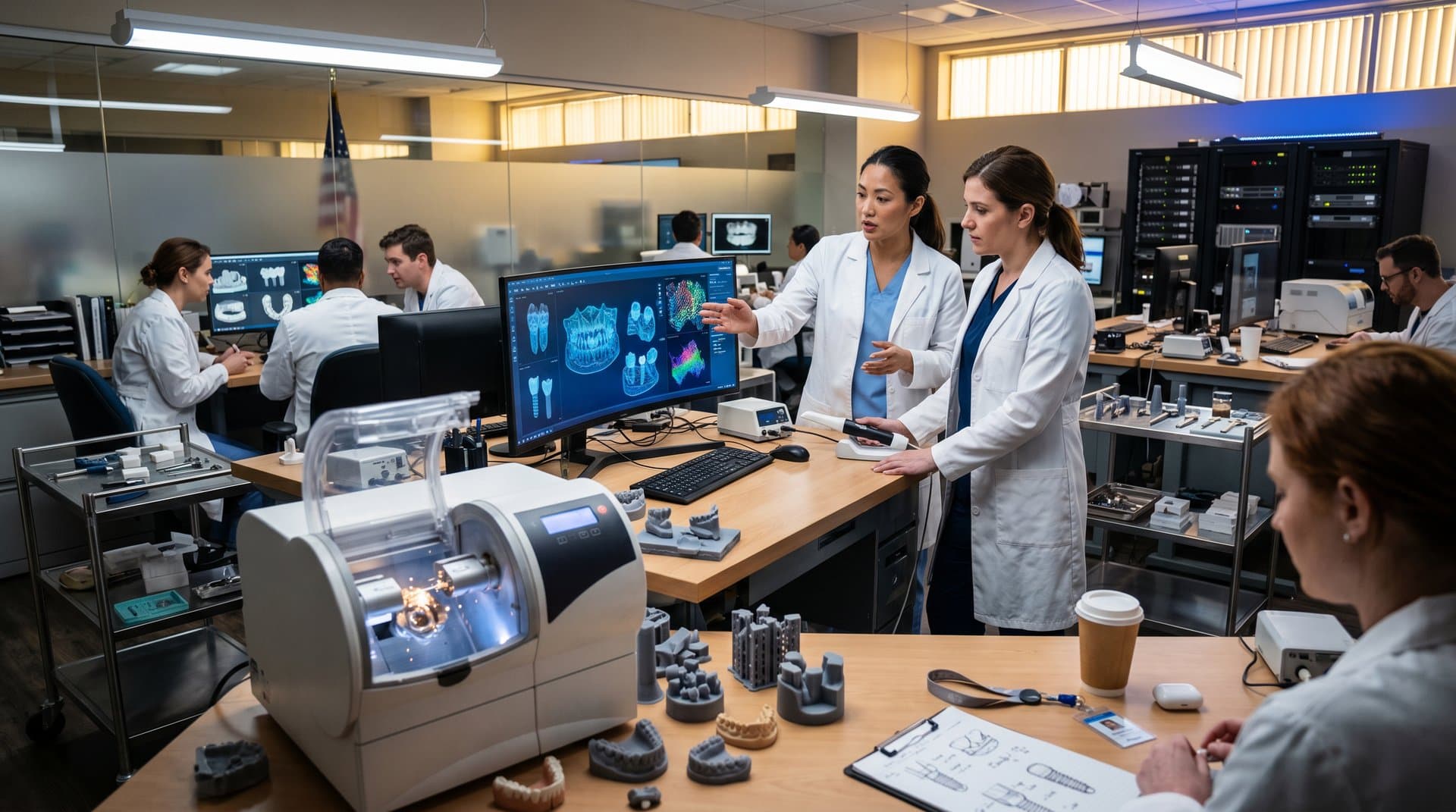 High-tech dental lab screens showing AI-generated 3D CAD models of crowns and implants with precision tools in modern EU innovation setting