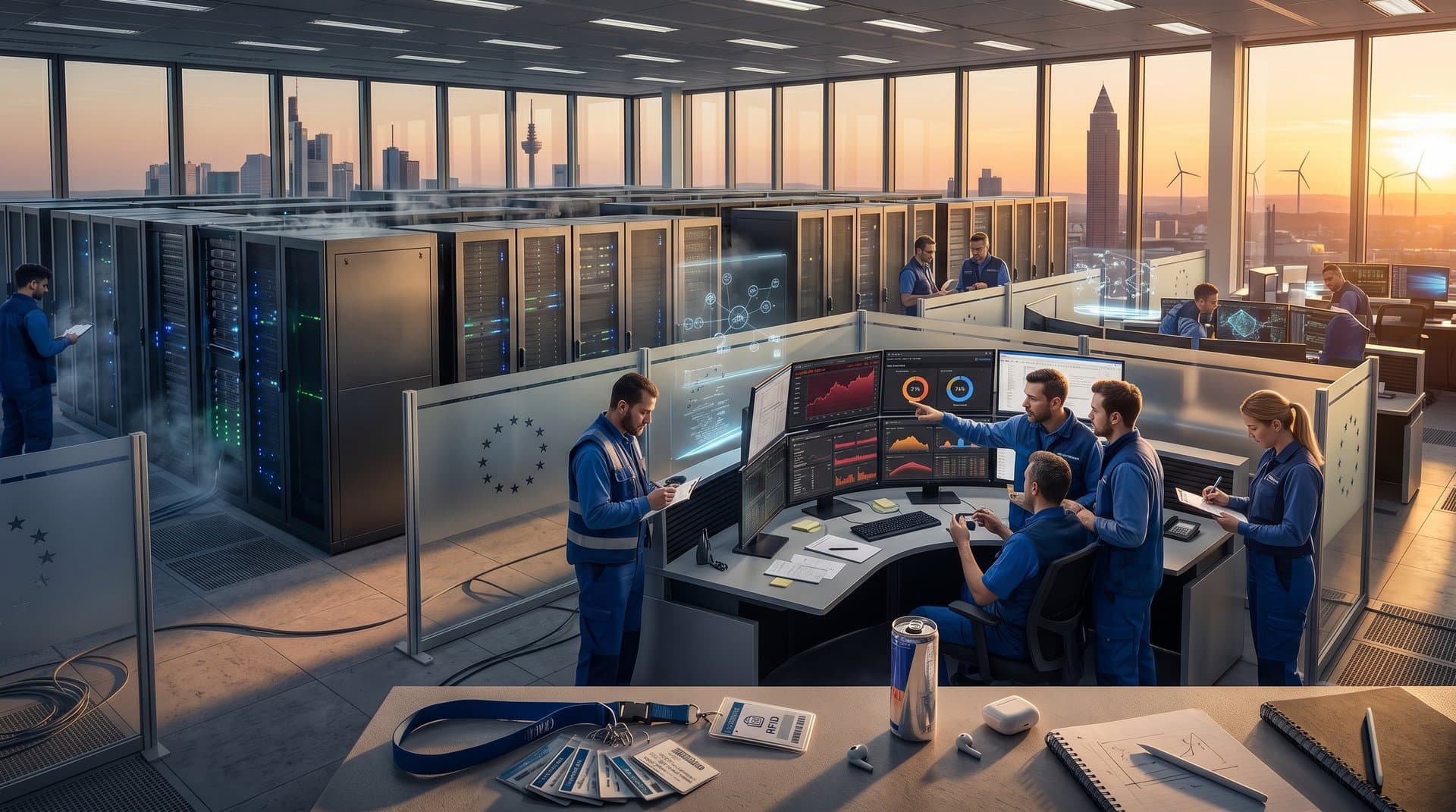 Technicians monitor servers in a high-tech European cloud data center with LED lights, cooling systems, and regulatory dashboards